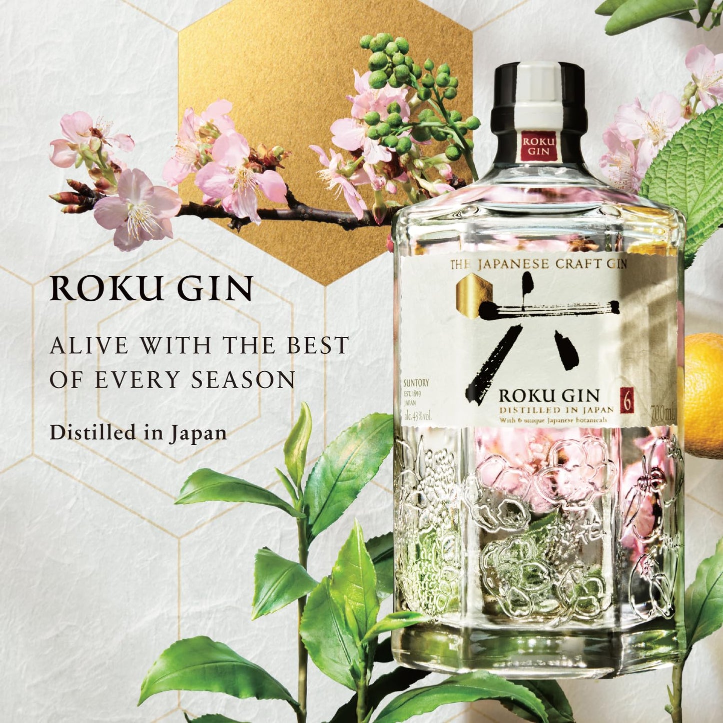 - Roku Suntory | Japanese | Craft | Gin | Crisp | Cherry Blossom, Yuzu and Sansho Pepper -
