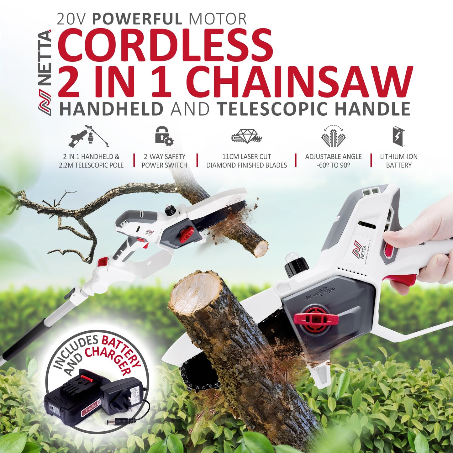 - NETTA Cordless 2-in-1 Pole & Handheld Garden Chainsaw | 20V MAX | Light-Weight | Battery & Charger Included -