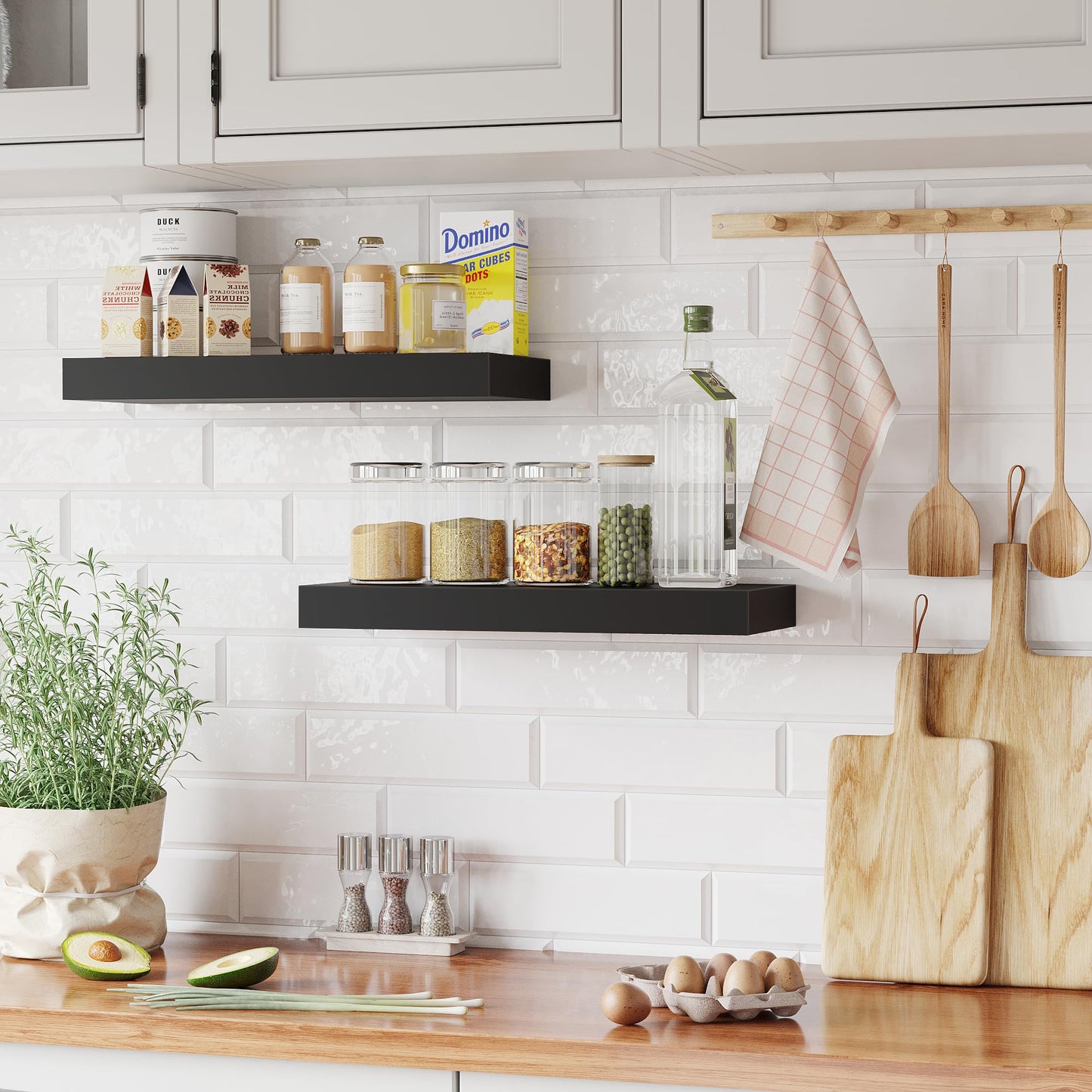 BONTEC Wood Floating Shelves Set of 2, 40cm Bathroom Wall Shelves up to 10kg, Wall Mounted Farmhouse Décor for Bathroom, Bedroom, Living Room and Kitchen, Office, etc (Black)