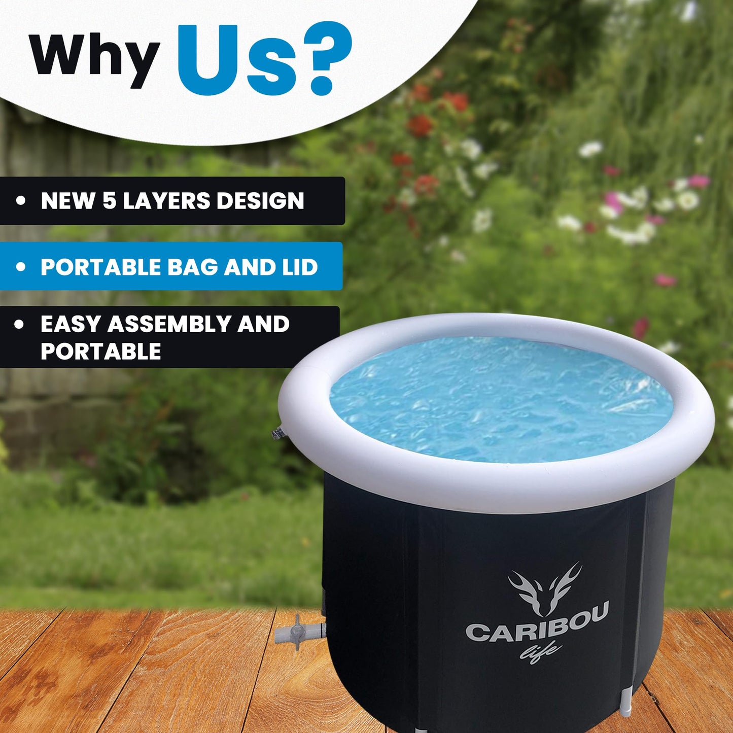 Caribou Life Ice tub bath. Portable Ice Tub 75x75cm. Adult cold tub for recovery and therapy. 5 layers. Lid and bag included.