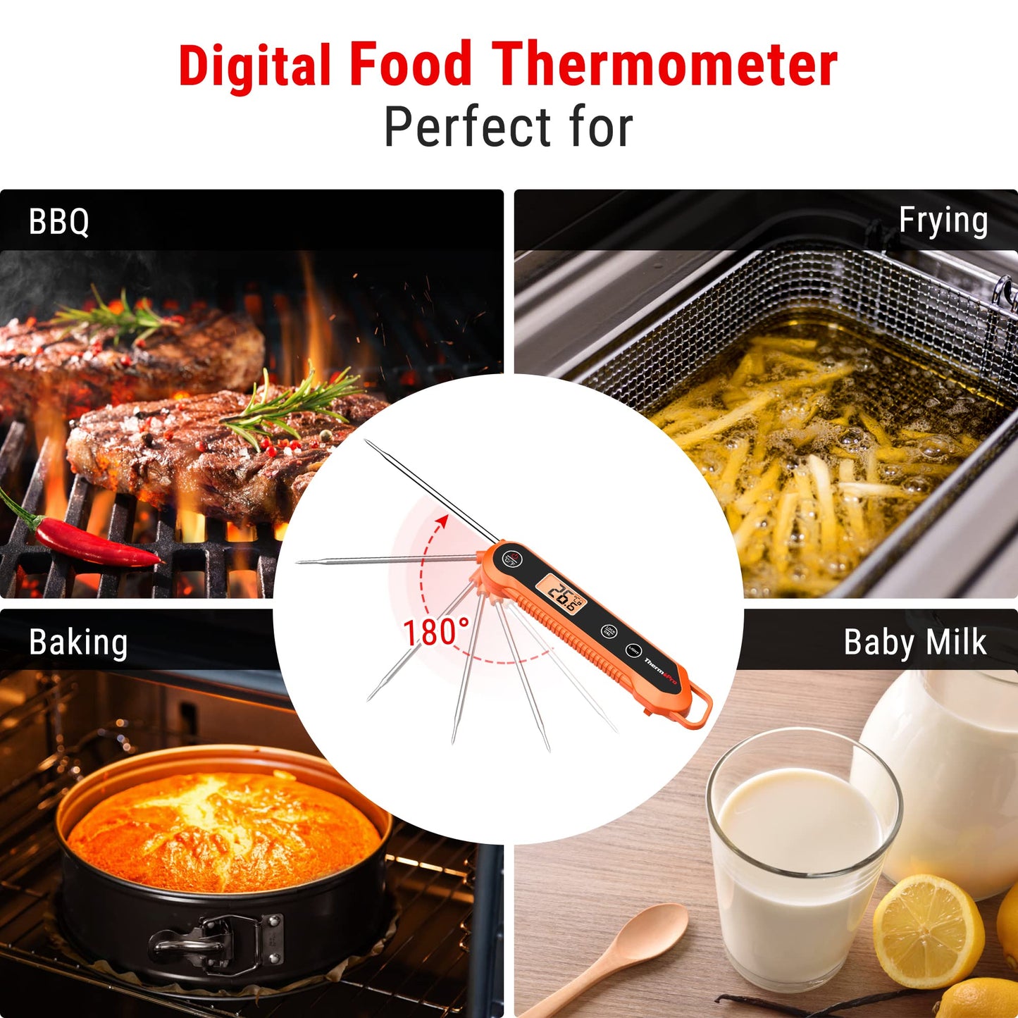 - ThermoPro TP03H Meat Thermometers | Foldable Food Temperature Probe | IPX6 Waterproof Food Thermometer -