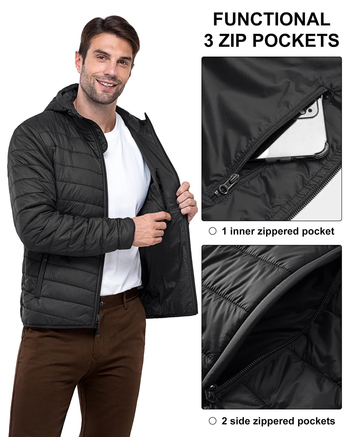 33,000ft Lightweight Waterproof Puffer Jacket Men's Packable Insulated Winter Jacket with Hood Windproof Mens Quilted Coat for Hiking, Travelling Black L