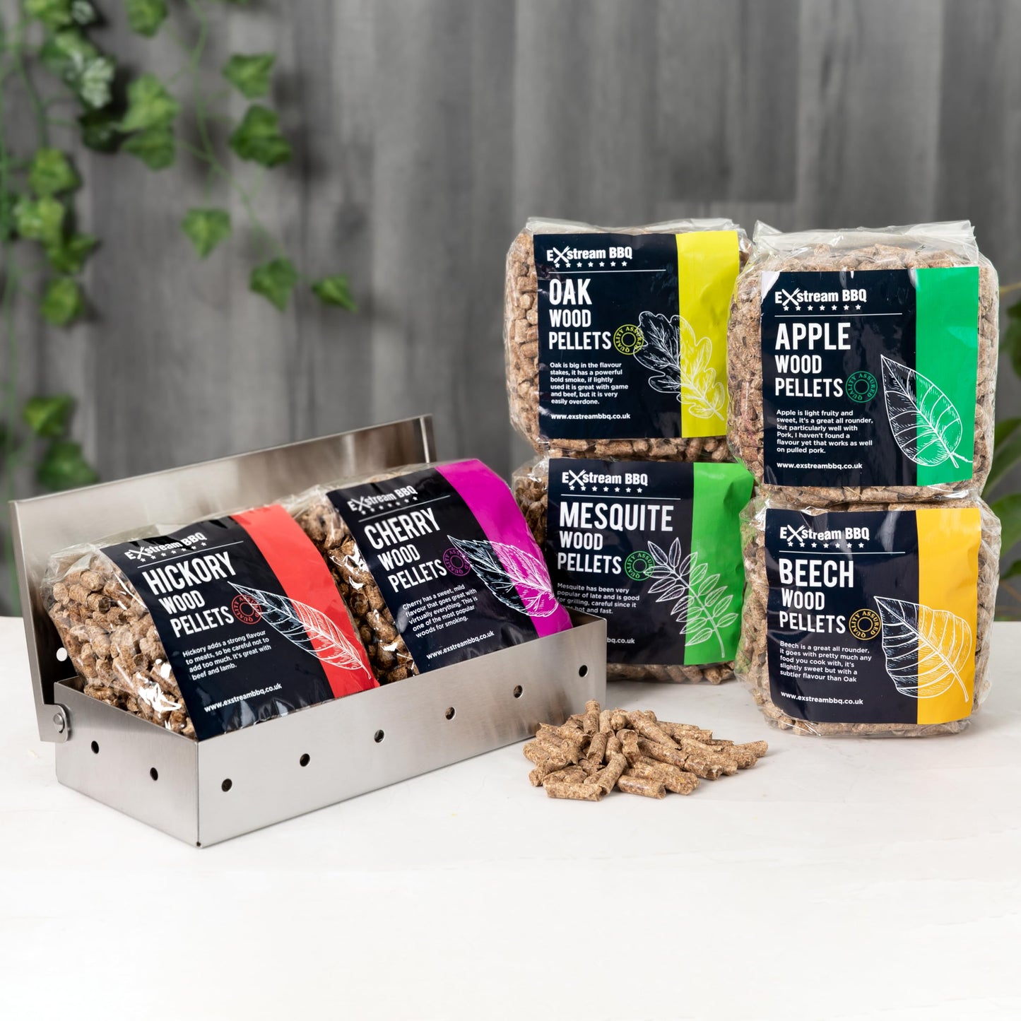 - Exstream BBQ Wood Pellet Selection Box | Apple, Cherry, Beech, Mesquite, Oak, Hickory -