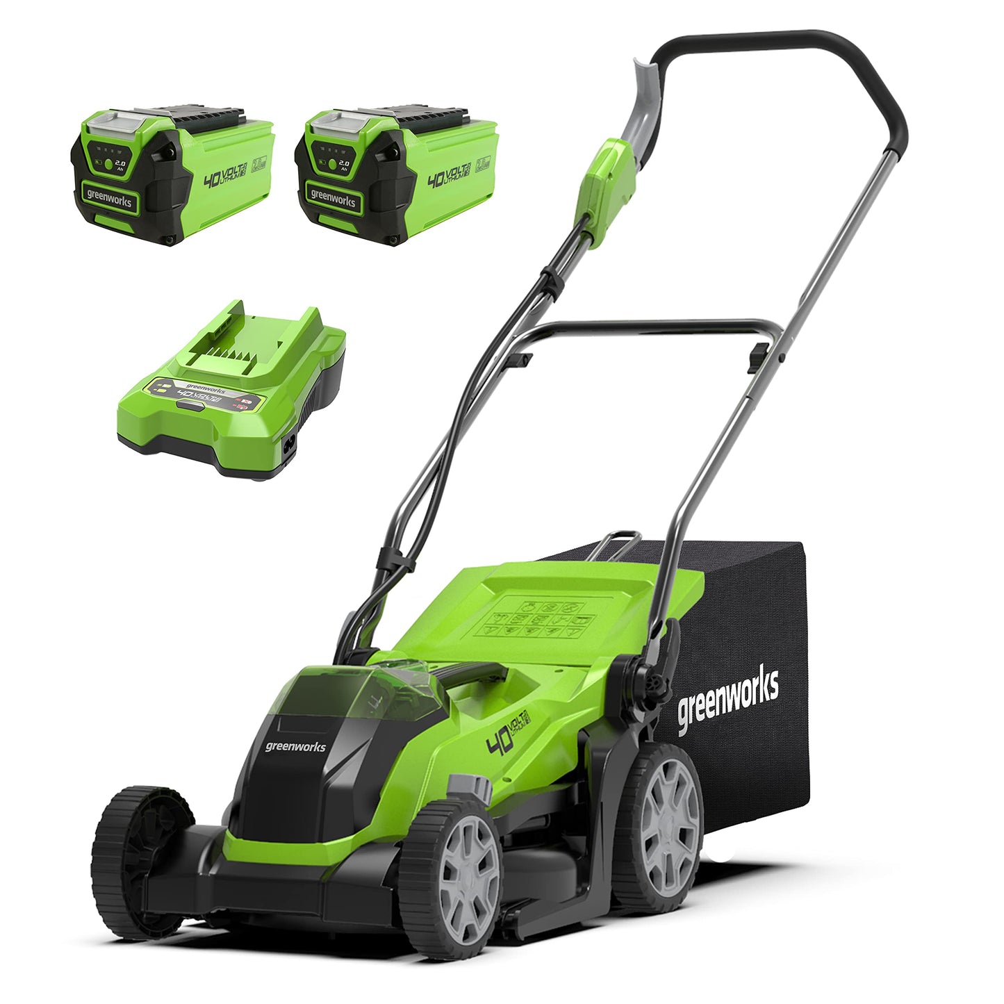 - Greenworks 40V Cordless Lawnmower | 35cm Cutting Width | 40L Bag PLUS Two 40V 2Ah Batteries -