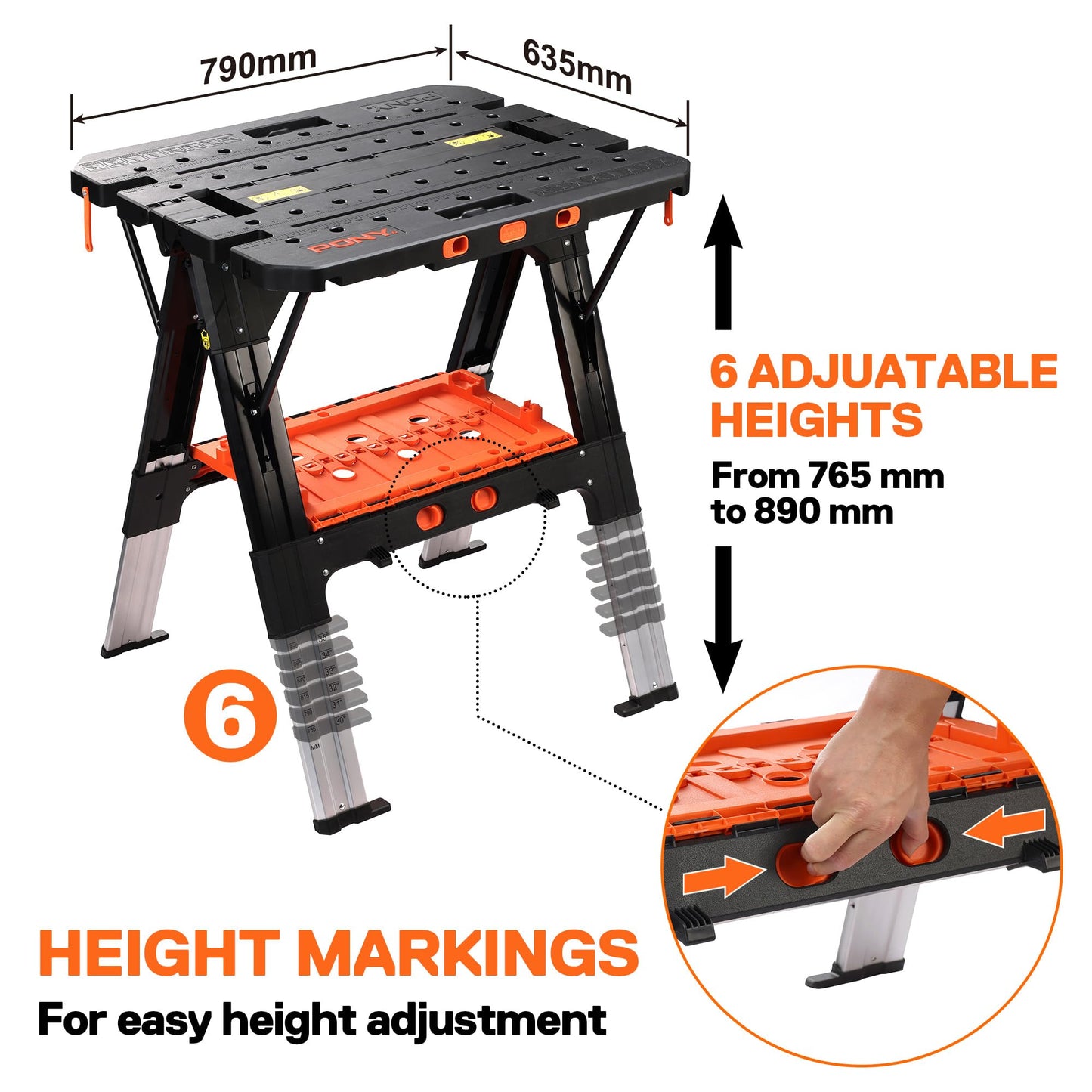 - PONY 2-in-1 Folding Workbench | Max Weight 227 kg | Comes With Tool Tray, 79 x 89 x 63.5 cm -