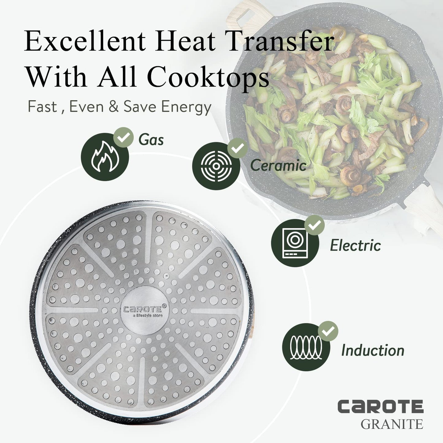 CAROTE Saute Pan with Lid, Non Stick Induction Deep Frying Pan with Lid, Stir-Fry Pan for All Hobs, 32cm/6 Litre
