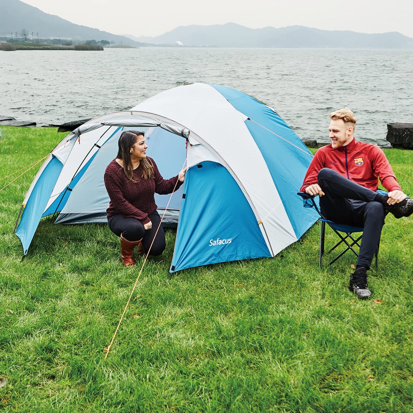 - SAFACUS 3-4 Person Dome Camping Tent | Double layer | Full Waterproof Holiday Family 3 to 4 Man Tent | Blue -