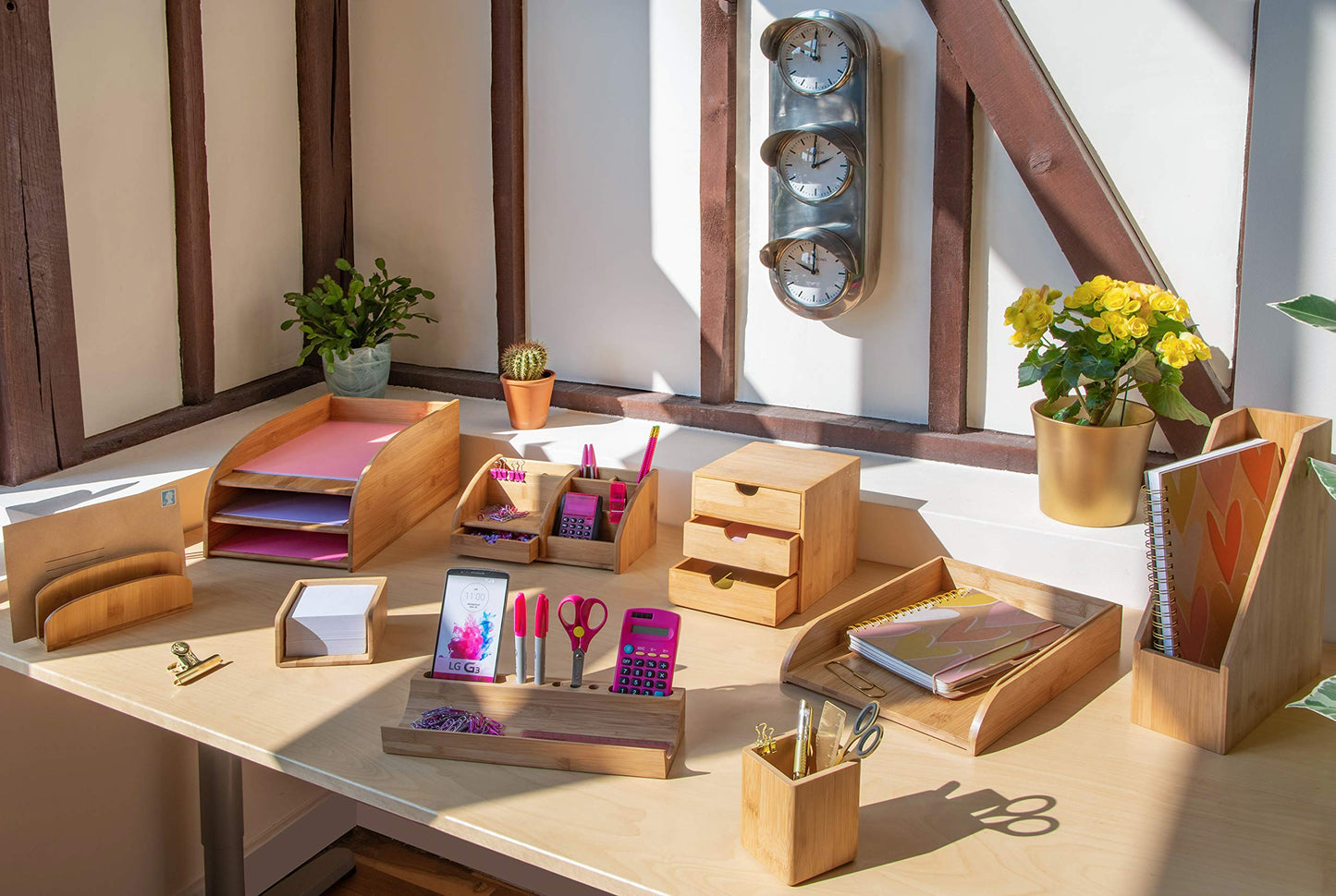 - OSCO Bamboo Square Pen Pot | Wood Pencil Holder | Desk Tidy | Office Organiser -