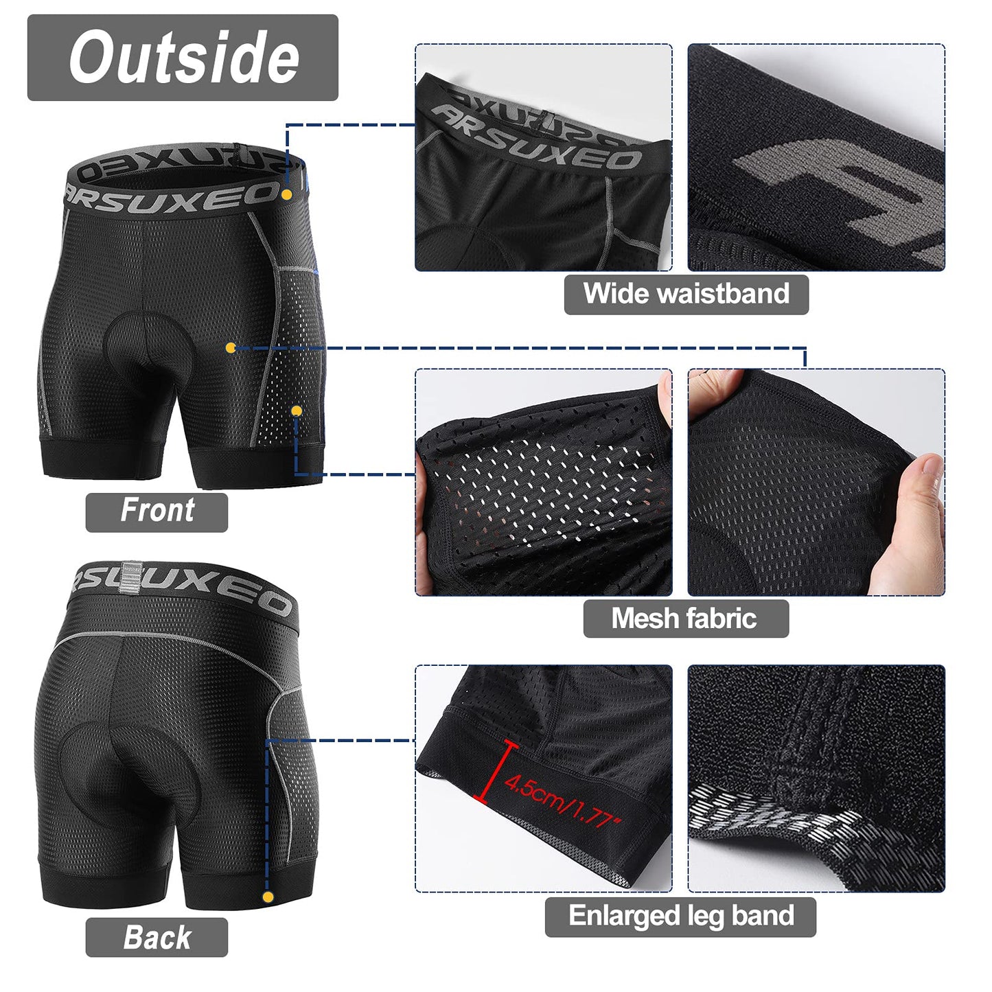ARSUXEO Mens Cycling Shorts 5D Gel Padded Mountain Bike Undershorts for Men Cycle Liner U06 Grey M