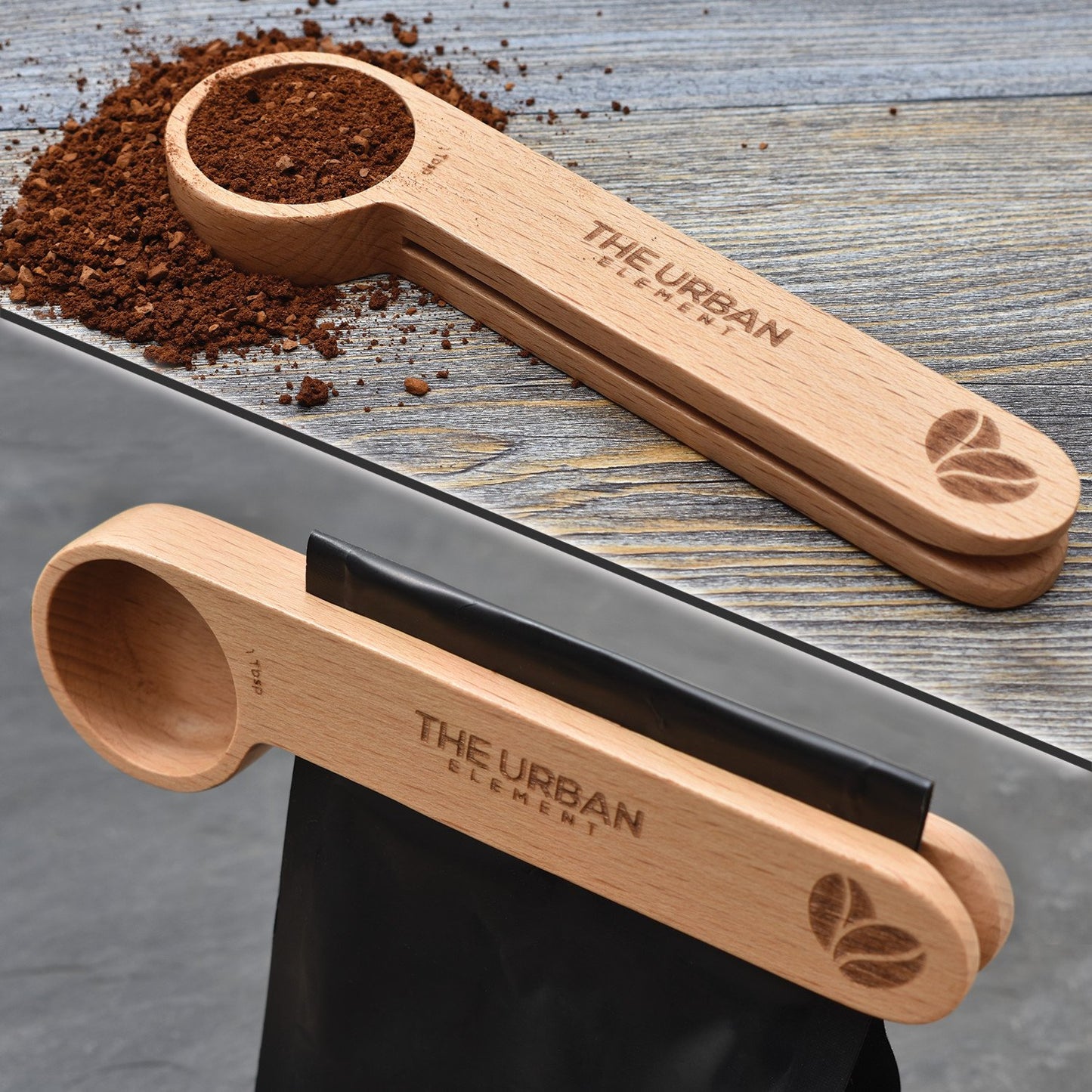 2 in 1 Wooden Coffee Scoop and Bag Clip - 1 Tablespoon Solid Beech Wood Measuring Scoop - Espresso Coffee Bags Sealer - Suitable for Ground Beans, Coffee Beans and Loose Tea - by The Urban Element