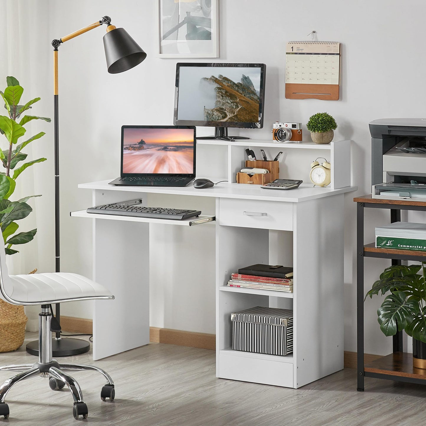 - Yaheetech 106x50x94cm Computer Desk with Storage Shelves/Keyboard Tray/Drawer/ for Home Office in White.