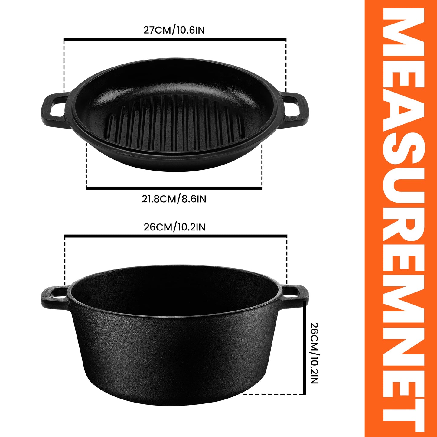 - KICHLY 4.7L/5.0 Quart Pre Seasoned Cast Iron Pan | Dutch Oven with Lid | Dual Function Cast Iron Griddle Pan -