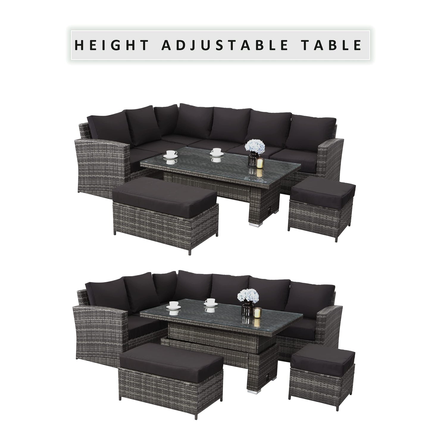 9 Seater Rattan Garden Furniture Set with Height Adjustable Rising Table - Outdoor Furniture Rattan Corner Sofa - Garden Furniture Sets - FREE COVER INCLUDED (Dark Grey Mixed with Dark Grey Cushions)