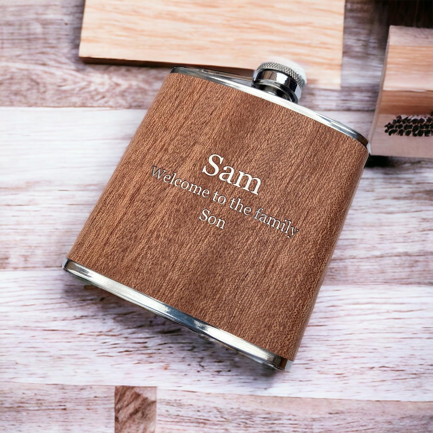 - Personalised Rutherfords Gifts Wood Wrap 6oz Hip Flask | Engraved with Name and Message of Your Choosing -