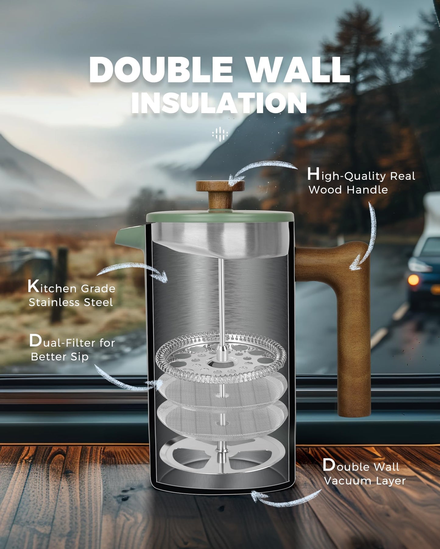 - POLIVIAR Cafetiere 8 Cup- French Press Coffee Maker with Wood Handle | Stainless Steel Cafetiere for Coffee and Tea (1 L) -