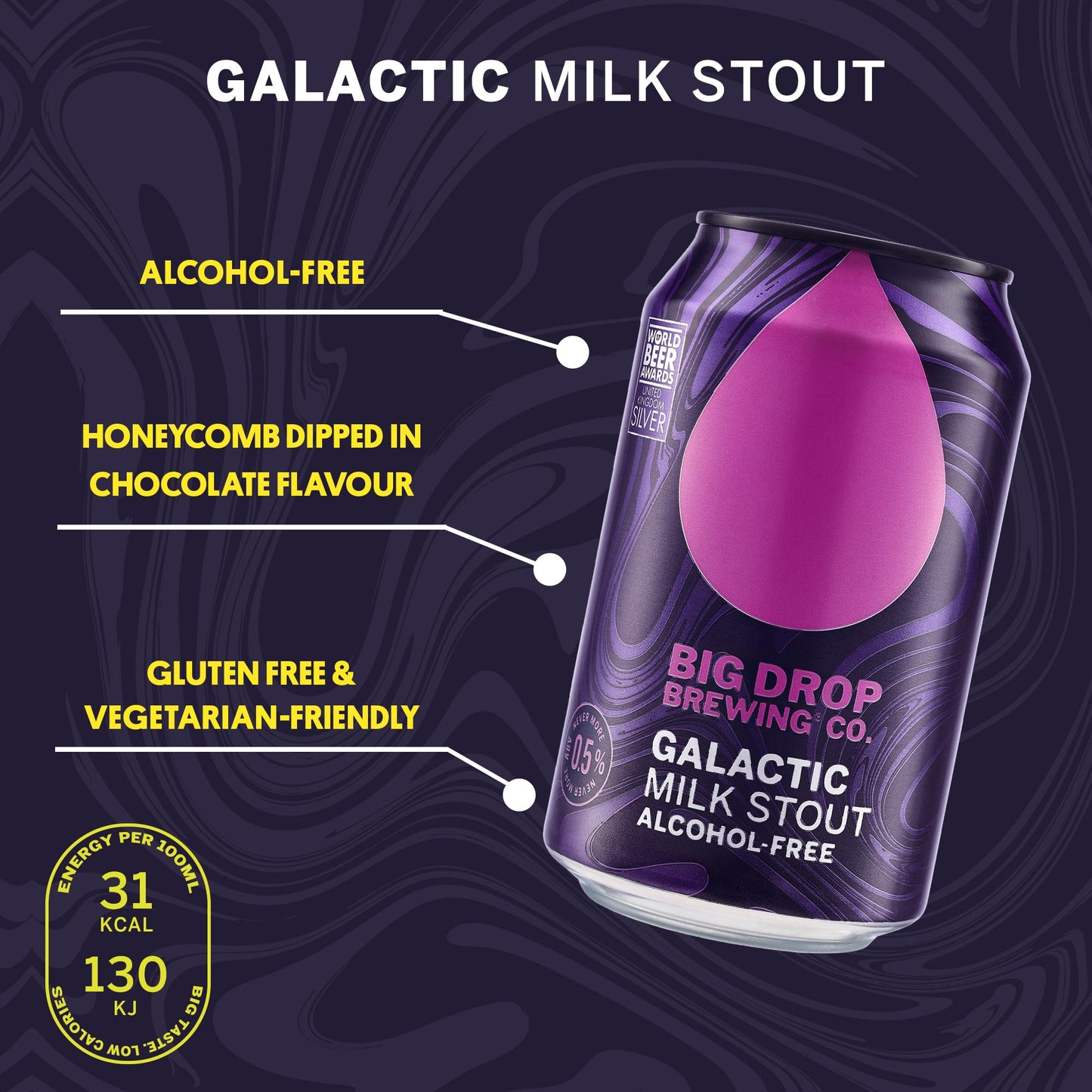 Big Drop Galactic Milk Stout - Naturally Brewed Richly Flavoured & Alcohol Free - Vegetarian & Gluten Free (12 x 330ml Cans)