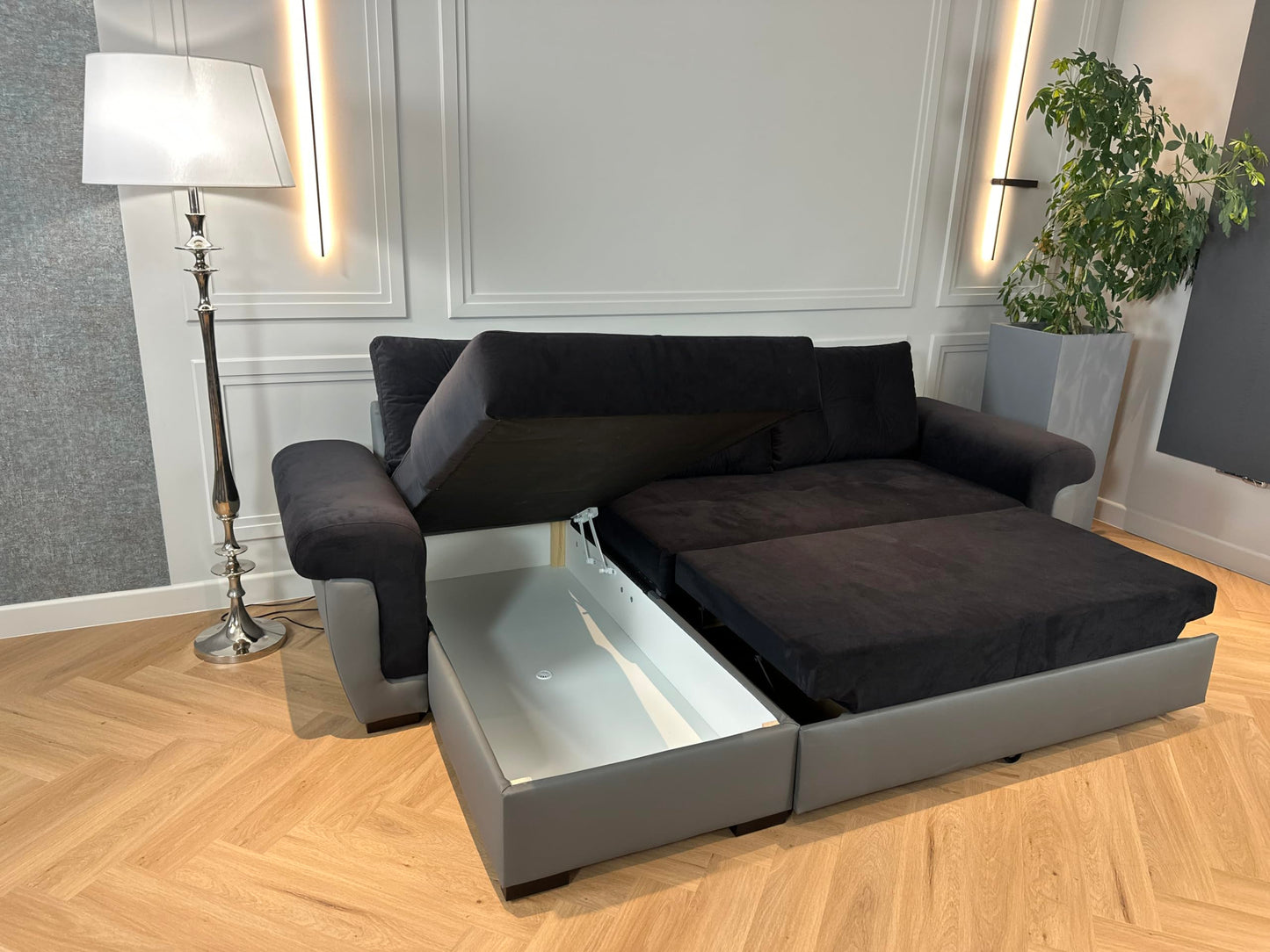 Corner Sofa bed with Storage Black Fabric Grey Leather
