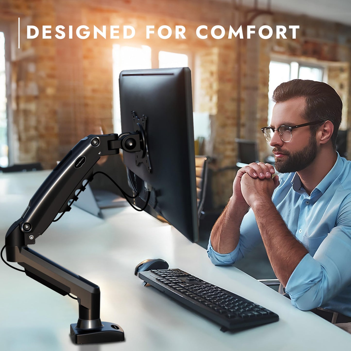 - Invision Single Monitor Arm Desk Mount for 19 to 32 Inch Screens | VESA 75 & 100mm Stand Clamp -