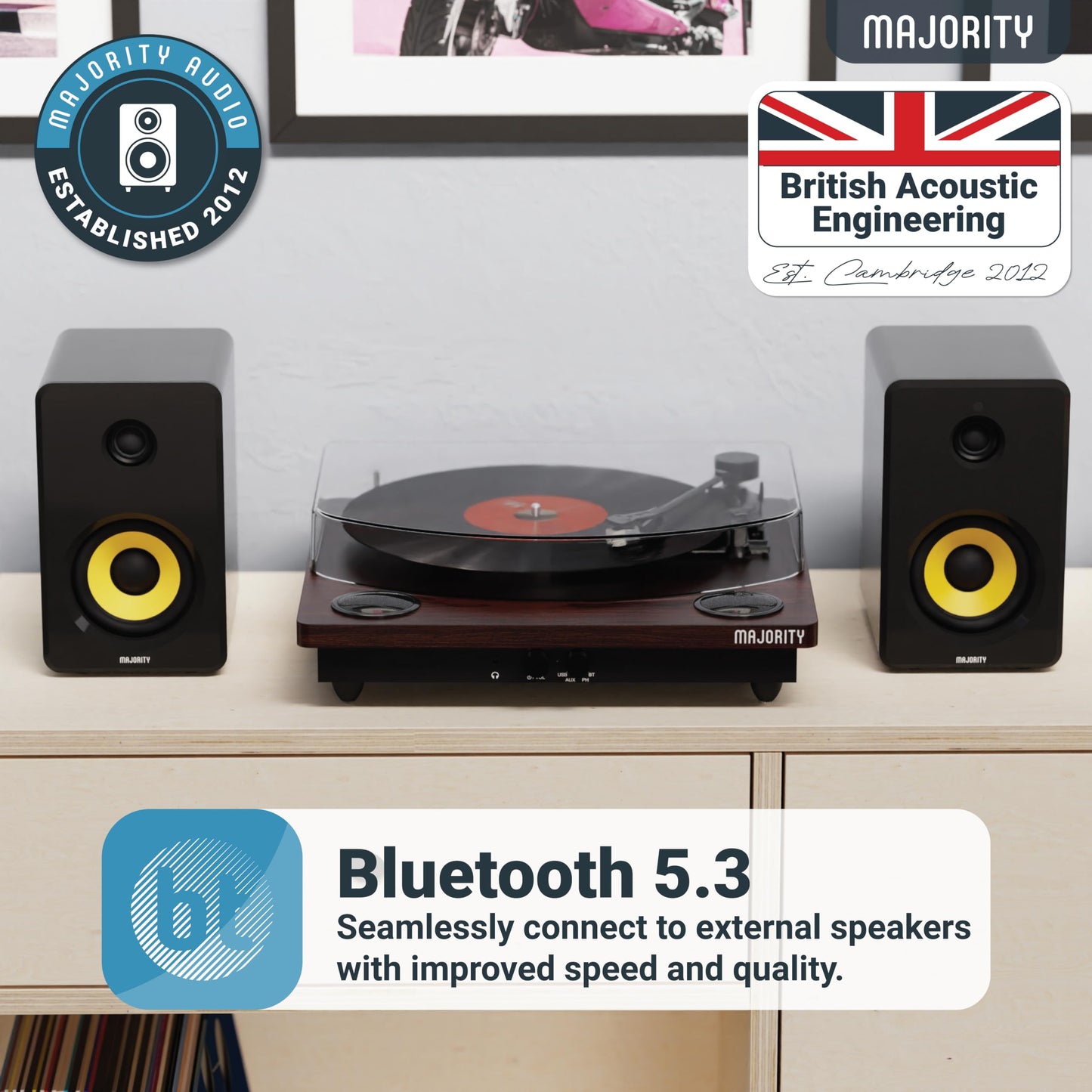 - Vinyl Record Player with Bluetooth In & Out | Premium Cartridge | USB Recording | AUX Input and RCA Output | In-built Stereo Speakers | Slipmat Included | MAJORITY Moto (Walnut) -