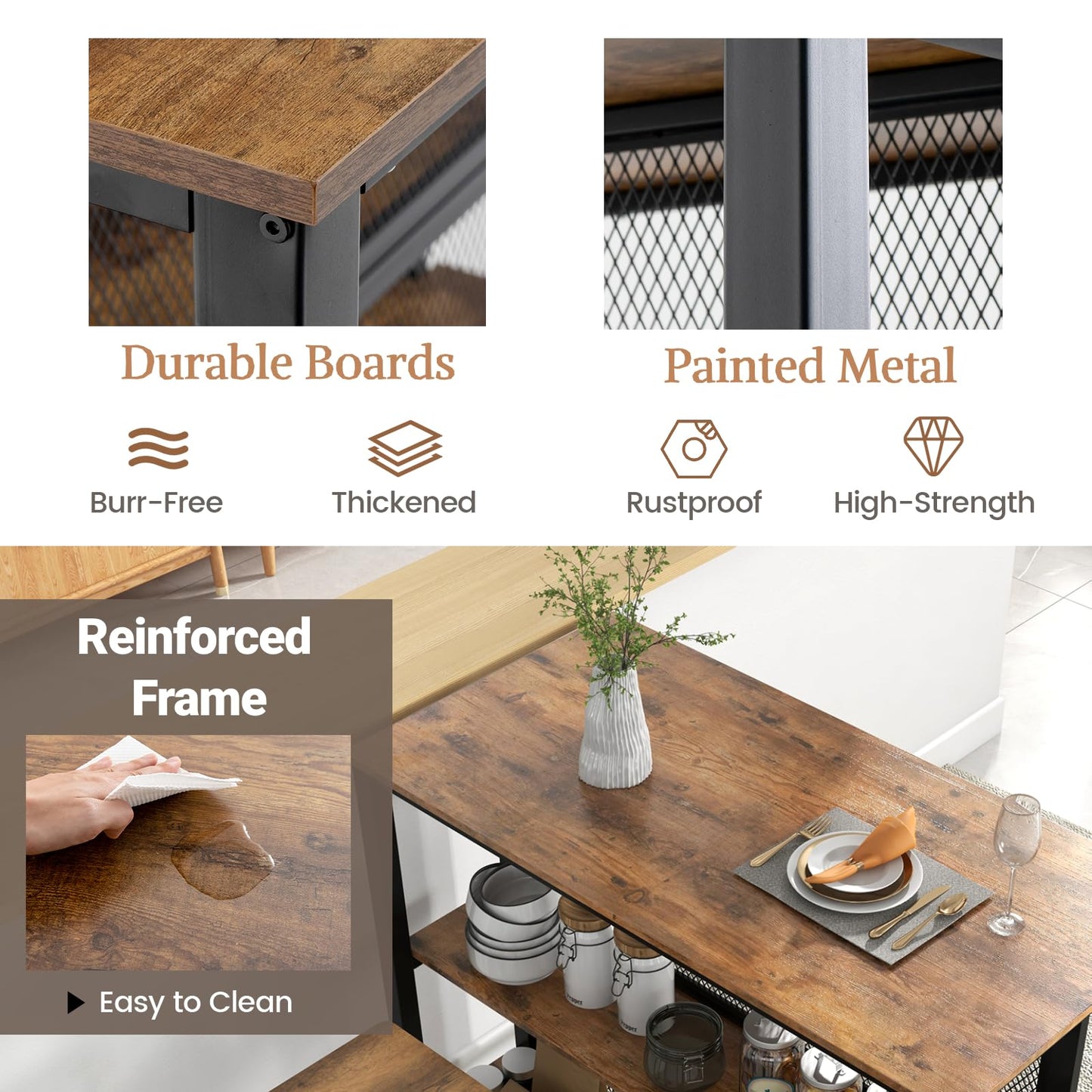 - TANGZON 3-Tier Bar Table | Metal Frame Rectangular Kitchen Table -