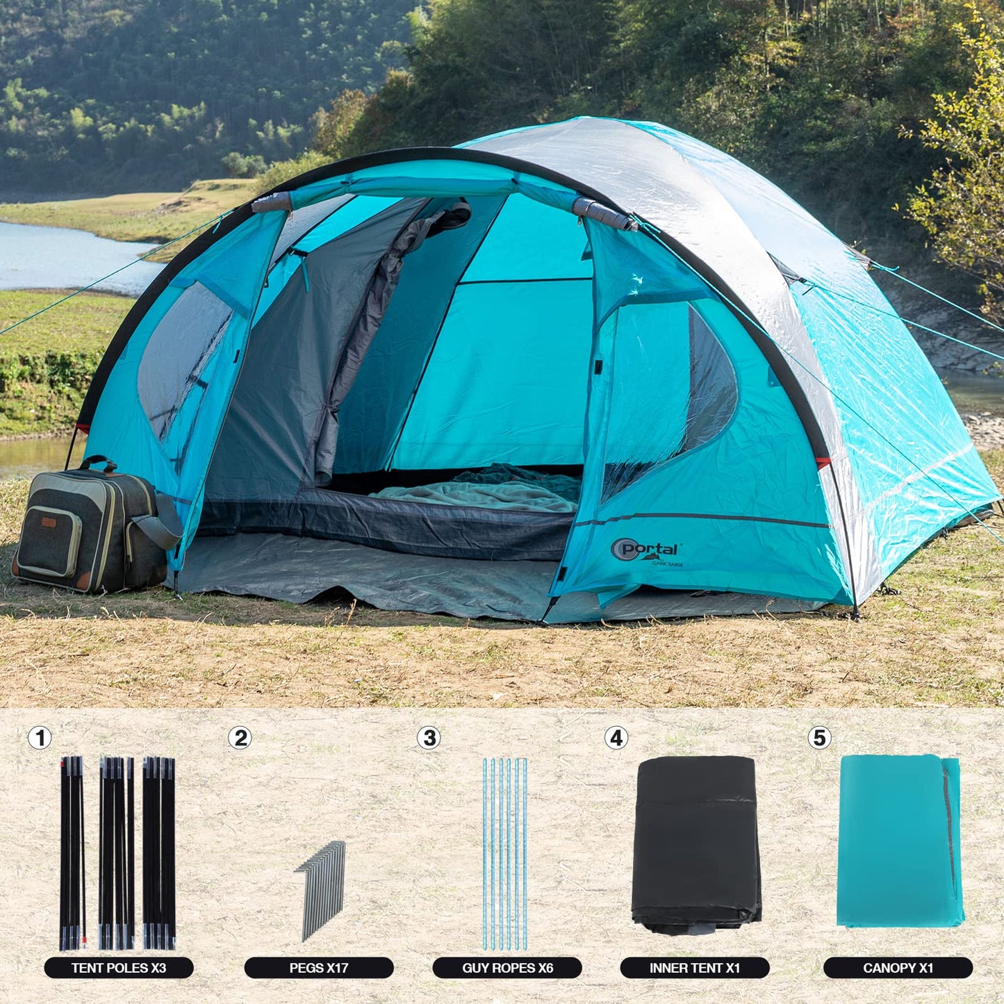 - Portal 3-4 Man Tent with Porch | Camping Tent for 3 to 4 Persons | Sewn-in Groundsheet -