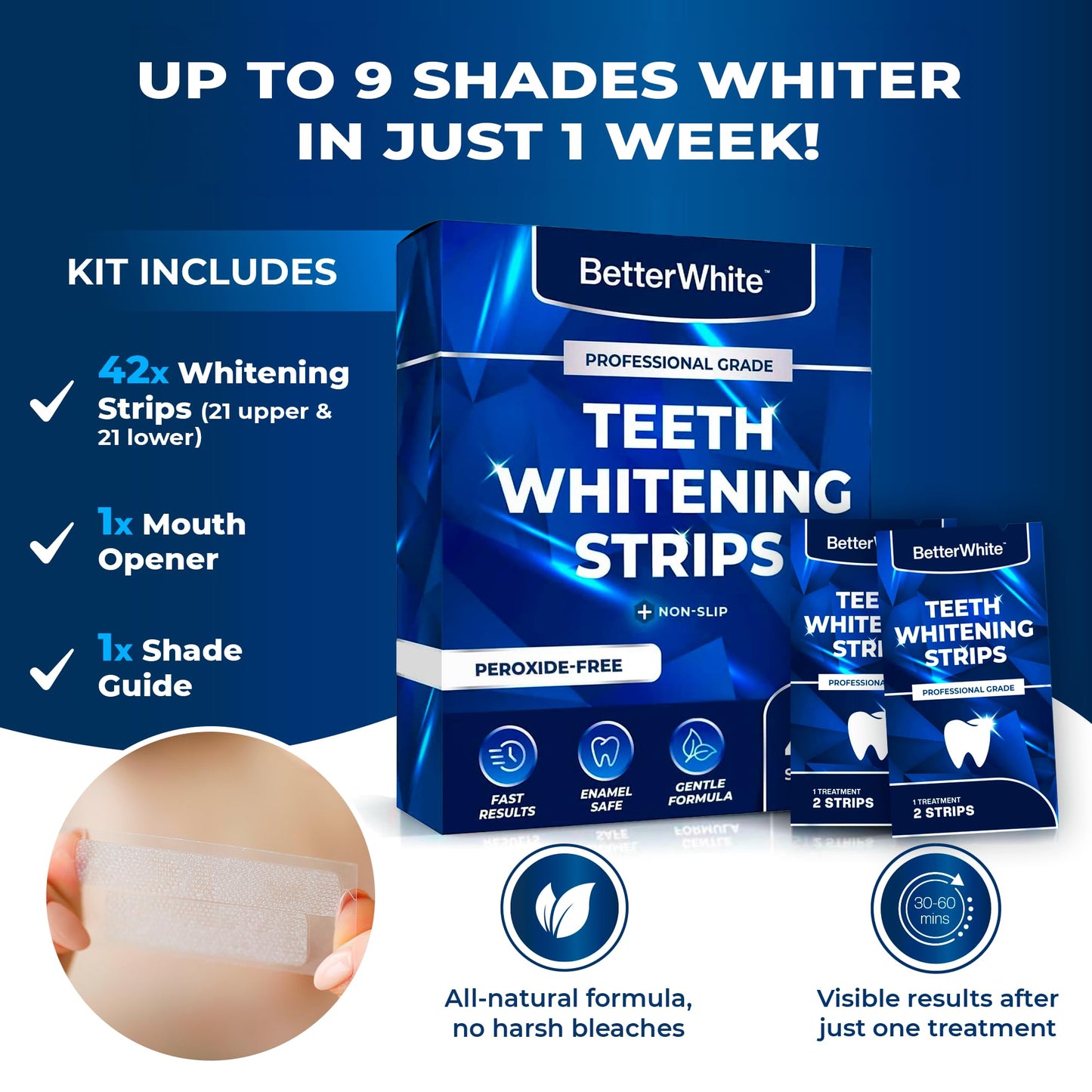 BetterWhite Professional Teeth Whitening Strips 21 Treatments - Enamel Safe - Non-Sensitive Formula - 42 Peroxide-Free Whitening Strips - Dentist Formulated Teeth Whitening Kit + Mouth Opener Included