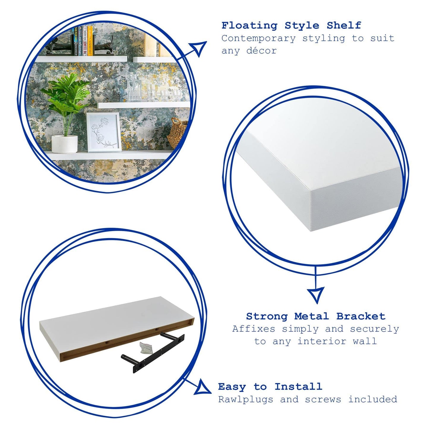 - Harbour Housewares Modern Floating Wall Shelf | 60cm | White | Pack of 2 -