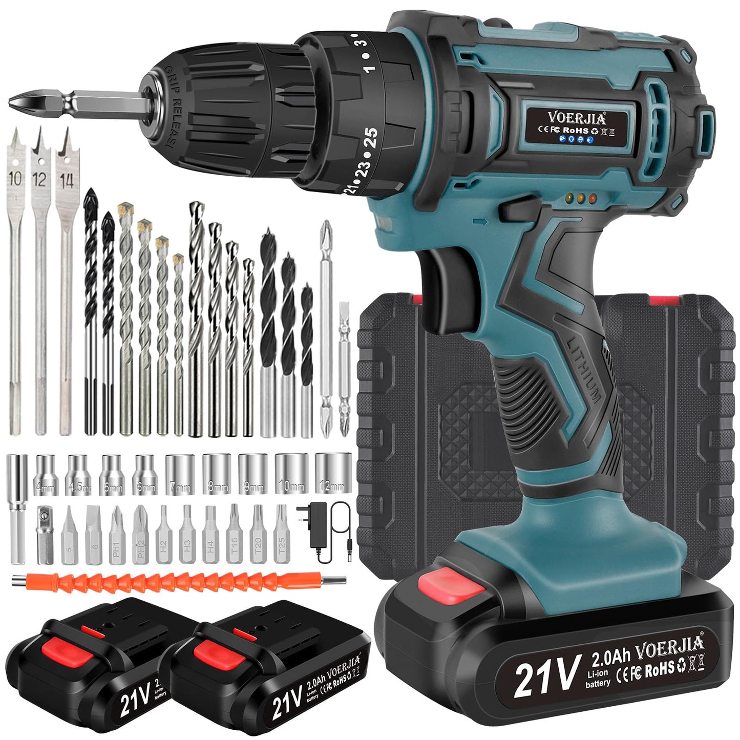 - VOERJIA 21V Cordless Drill, Power Drill Cordless, Cordless Drill with 2 Batteries 2000mAh -