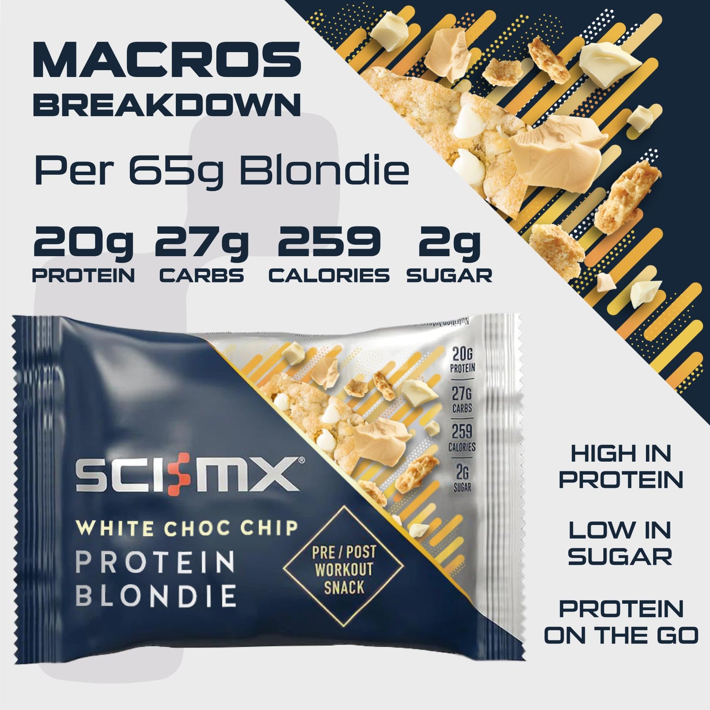 - SCI-MX High Protein White Choc Chip Blondie Box | 20g protein, 2g sugar + 259 calories per blondie | Pack of 12 x 65 g -