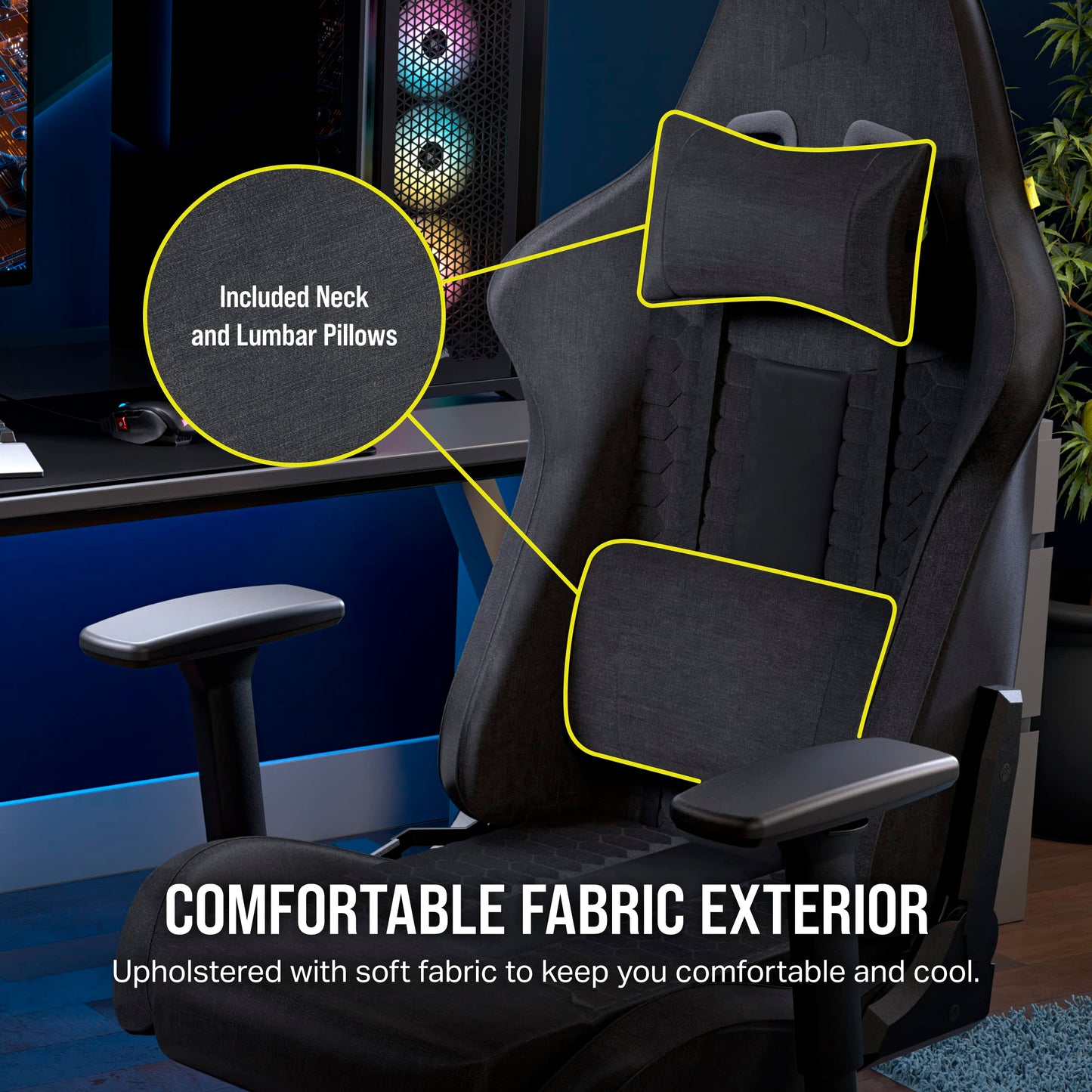 Corsair TC100 RELAXED Gaming Chair - Fabric - Racing-Inspired Design - Lumbar Pillow - Detachable Memory Foam Neck Pillow - Adjustable Seat Height - Adjustable Armrests - Grey & Black