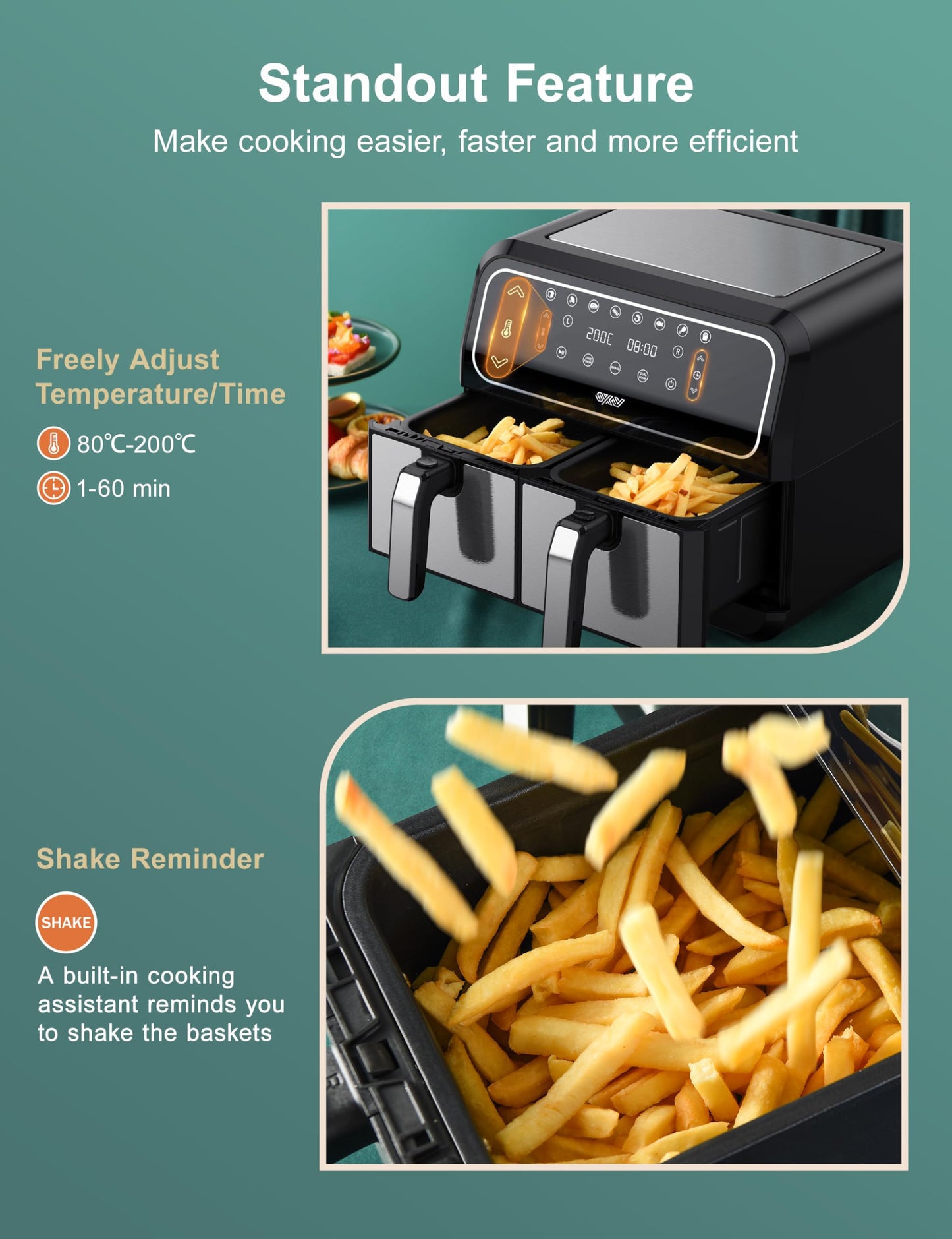 - Innsky Dual Zone Hot Air Fryer Double Chamber 8L | 8 Programmes Hot Air Fryer | Double Air Fryer | 2 Baskets -