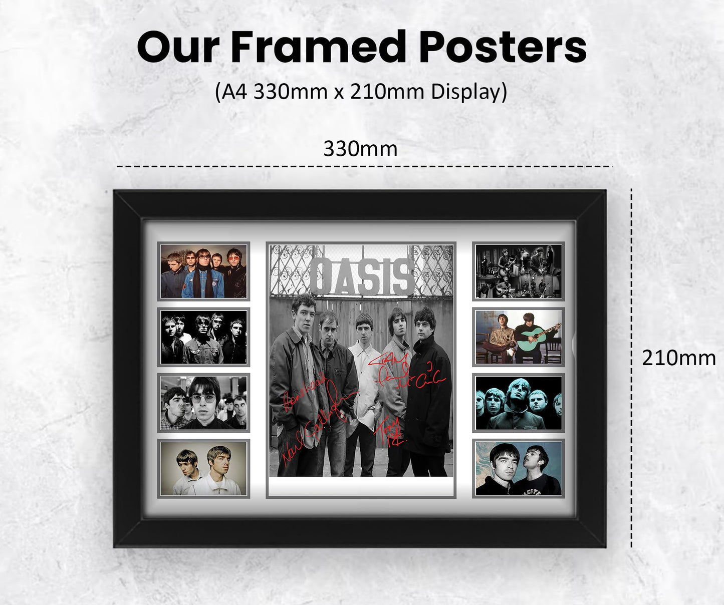 AllStarMedia Oasis Autographed Collage Poster Print - Limited Edition Gift for Band Lovers - Wall Decor for Music Fans, Merchandise, (Framed, A4 (12x8-30x20cm))