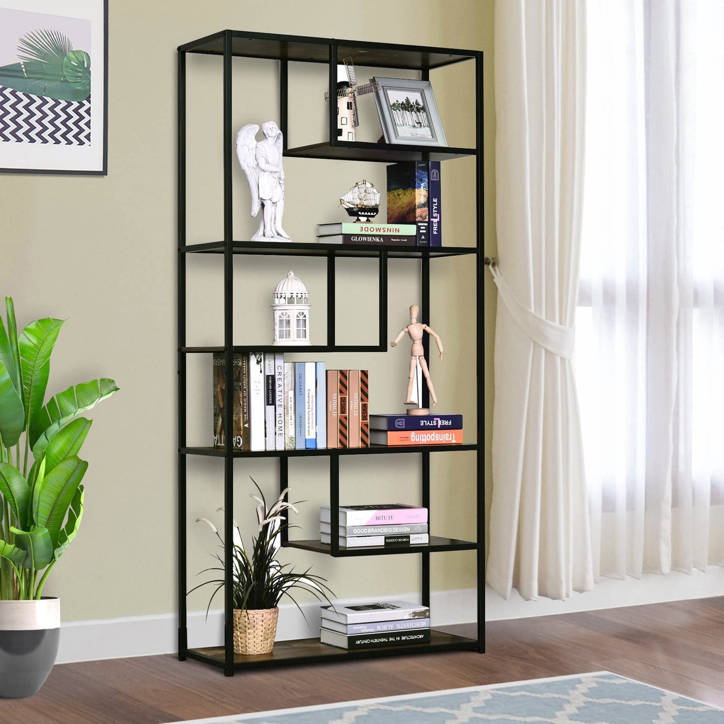 - HOMCOM 6 Tier Bookcase | Industrial Tall Shelf Unit | Steel Frame -