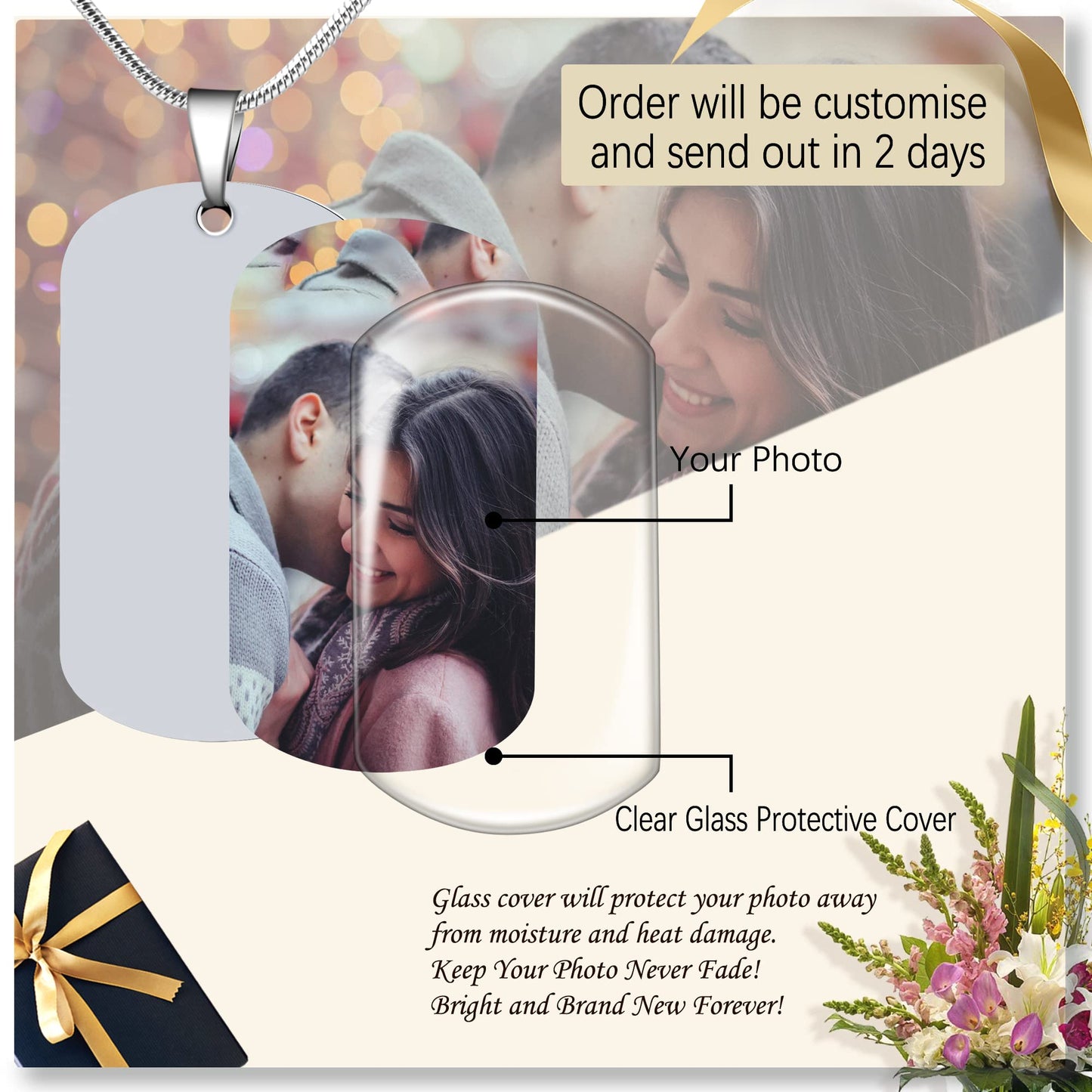 - Farfume Personalised Dog Tag Necklace with Engraved Photo & Text -