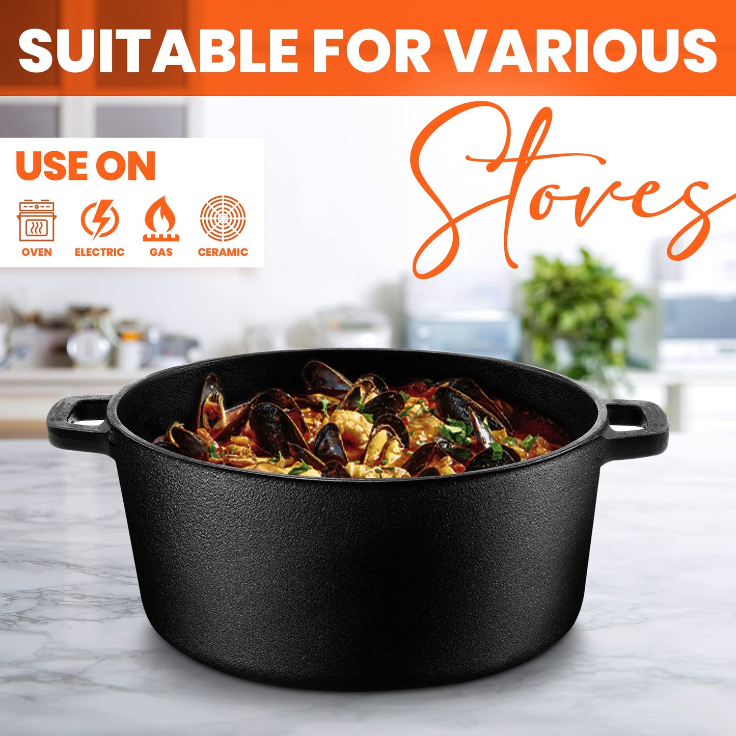 - KICHLY 4.7L/5.0 Quart Pre Seasoned Cast Iron Pan | Dutch Oven with Lid | Dual Function Cast Iron Griddle Pan -