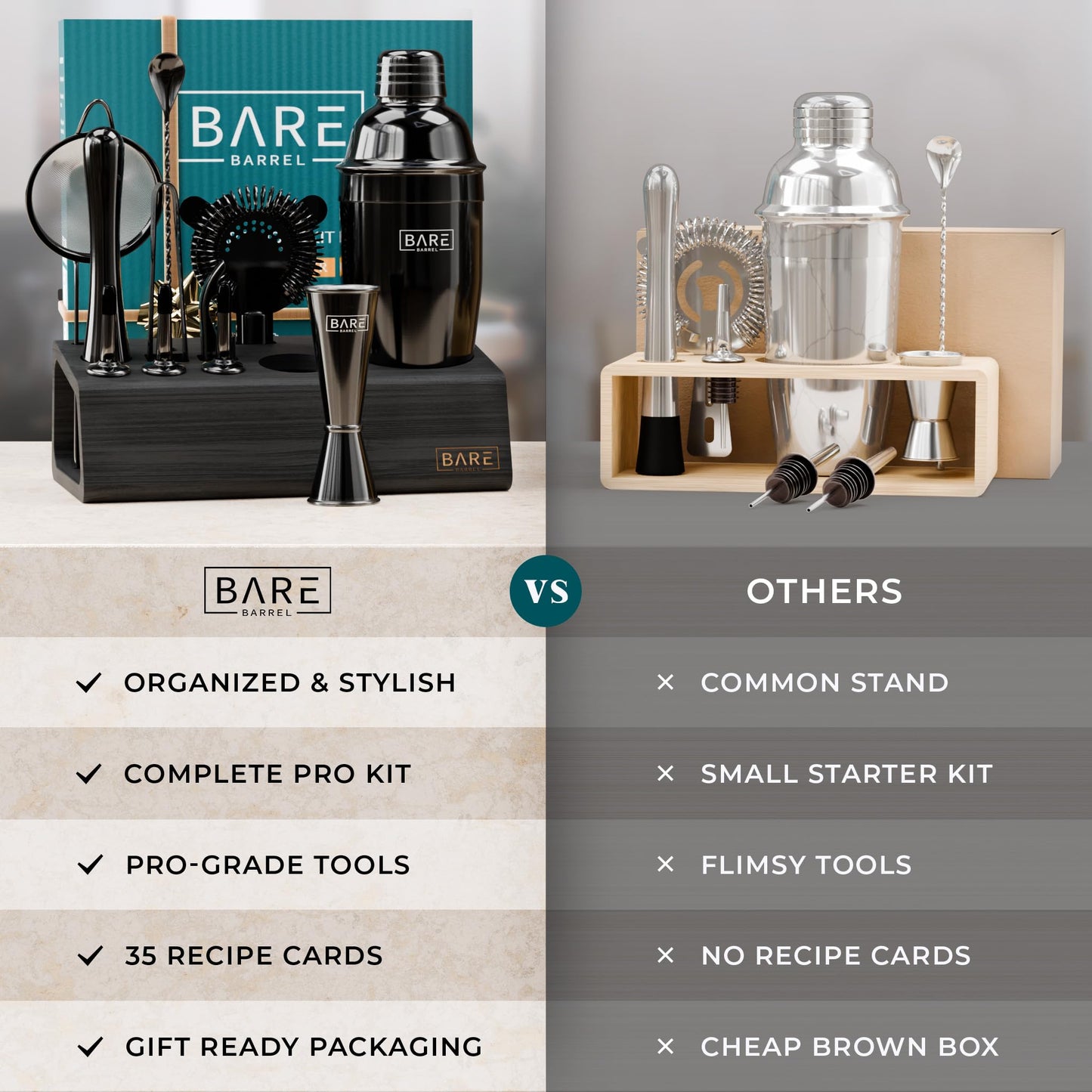 BARE BARREL® Cocktail Making Kit | 14-Piece Bartender Kit Cocktail Shaker Set Maker | Bamboo Display Stand & 35 Recipe Cards | Mixology Cocktail Gift Set (675ml/24oz Cobbler Shaker, Jet Black)