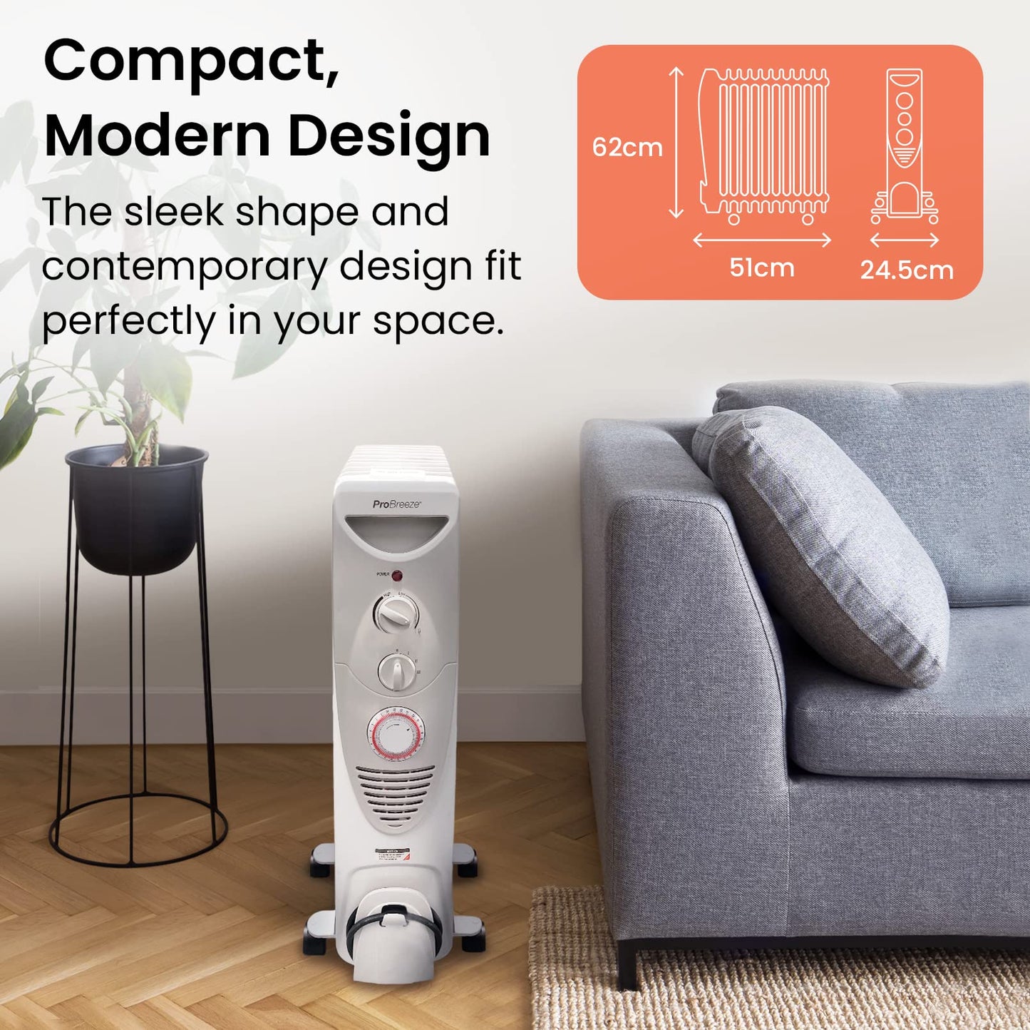 - Pro Breeze® 2500W Oil Filled Radiator | 11 Fin | Portable Electric Heater -