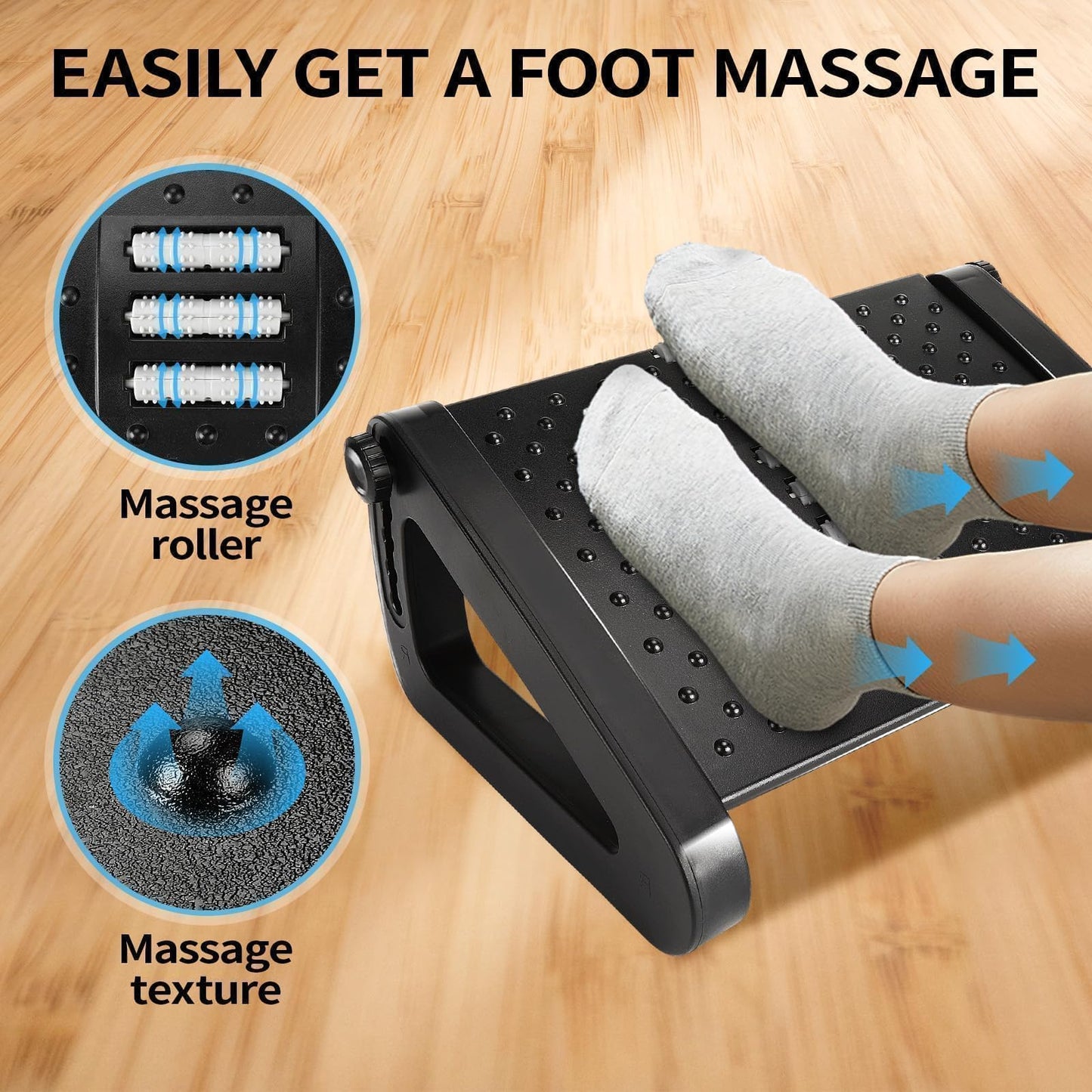 AMUSPK Office Foot Rest, Adjustable Height Footrest Under Desk, Ergonomic Foot Stool with Large Roller Massager for Office, Pressure Relief, Straightening The Hunchback, Father's Day Gifts