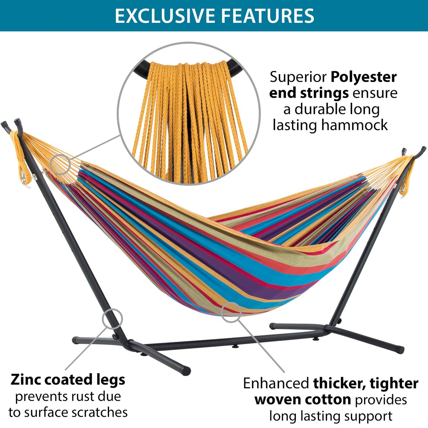 - Vivere UHSDO8-20 Double Cotton Hammock with Space-Saving Steel Stand Including Carrying Bag, Tropical -
