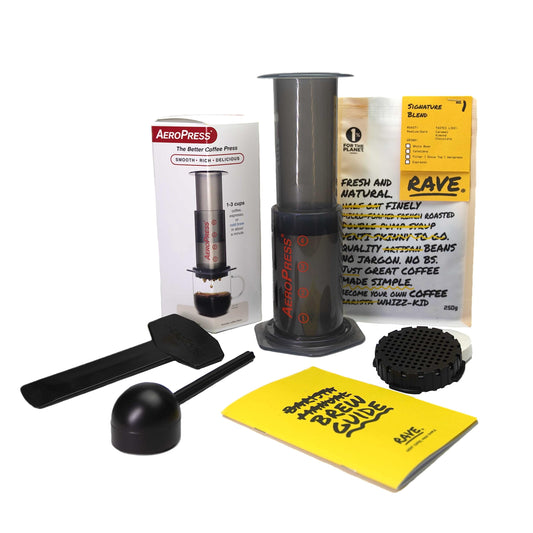 - Rave Coffee AeroPress Gift Set | AeroPress Coffee Maker, Delicious 250g Rave Signature Blend Ground Coffee & Brewing Guide -
