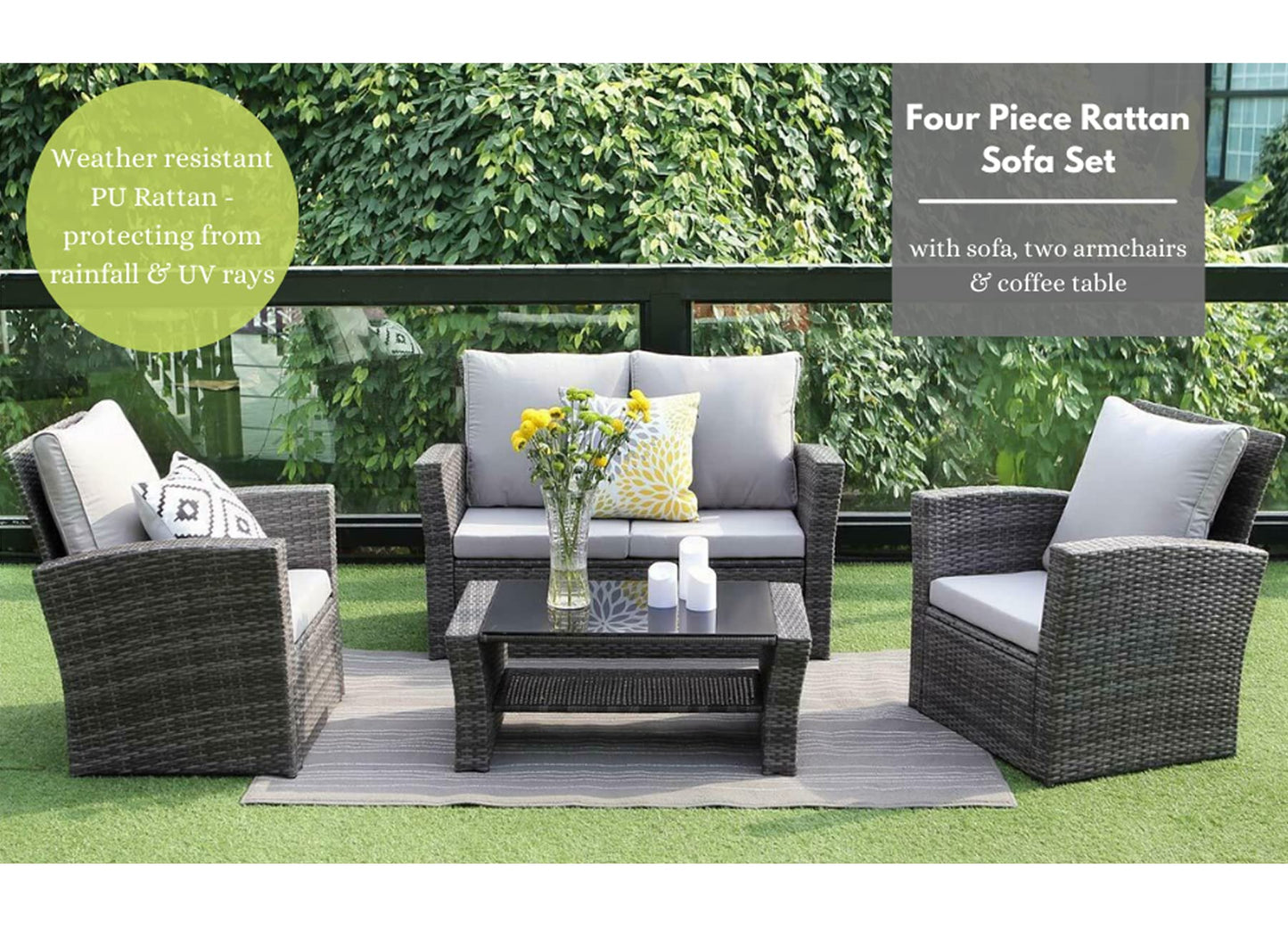 - Mixed Grey Outdoor Rattan Garden Furniture Set | Grey Cushions Luxury 4 Seater Sofa with Chairs and Coffee Table -