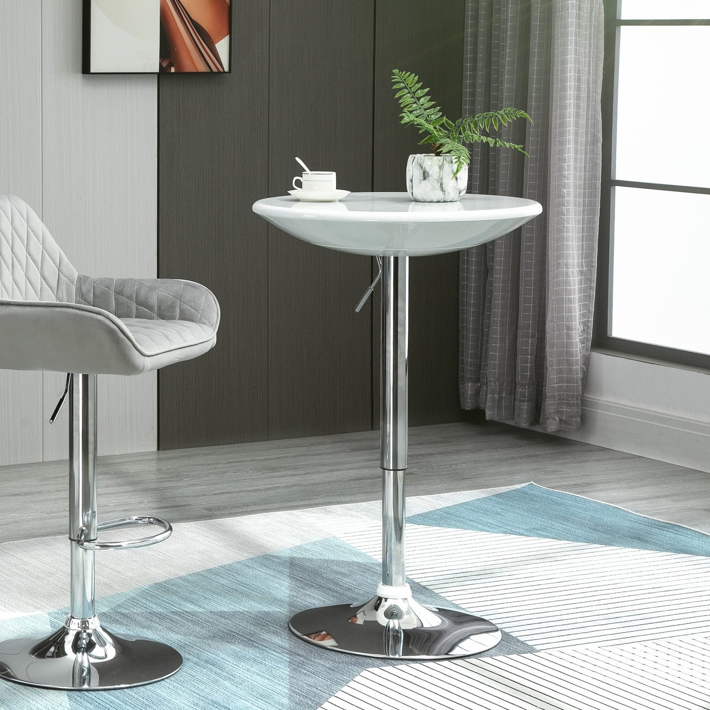 - HOMCOM Modern Round Bar Table | Adjustable Height Home Pub Bistro Desk | Swivel Painted Top with Silver Steel Leg and Base -