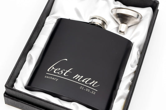 - Engraved Hip Flask Gift Set | 6oz | Black/Silver | Personalized Design Options -