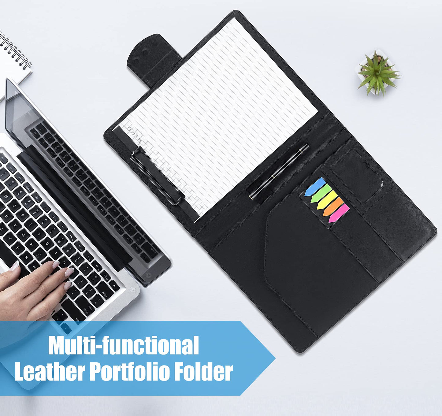 Clipboard Folder DIN A4, Leather Document Case Clip Board with Magnetic Closure Cover, for Work Writing Conference Folder Legal Pad with A4 Paper &Sticky Arrow Tabs &Pen, Black