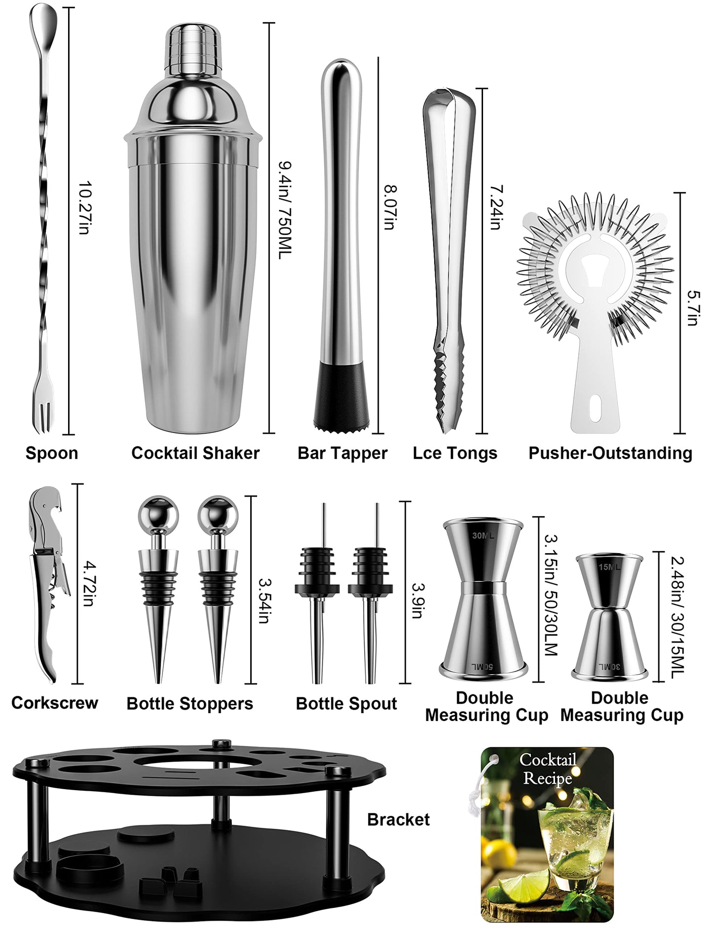 Bokhot 750ml Bartender Kit, 14PCS Cocktail Making Set Stainless Steel Cocktail Shaker Set with Rotating Stand,Shaker Tins, Jigger, Spoon, Pourers, Strainer,Tongs,Bottle Stoppers,Opener, Recipes(Black)