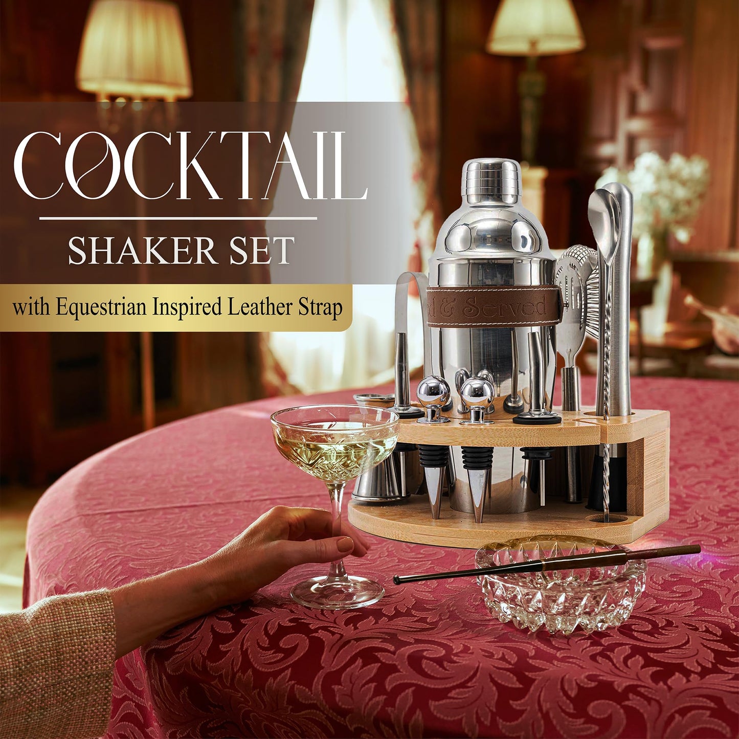 - Shaken Stirred & Served® Original Cocktail Shaker Set | Complete Cocktail Set Equipped with Stunning Equestrian Inspired Leather Strap & Cocktail Recipe Book –