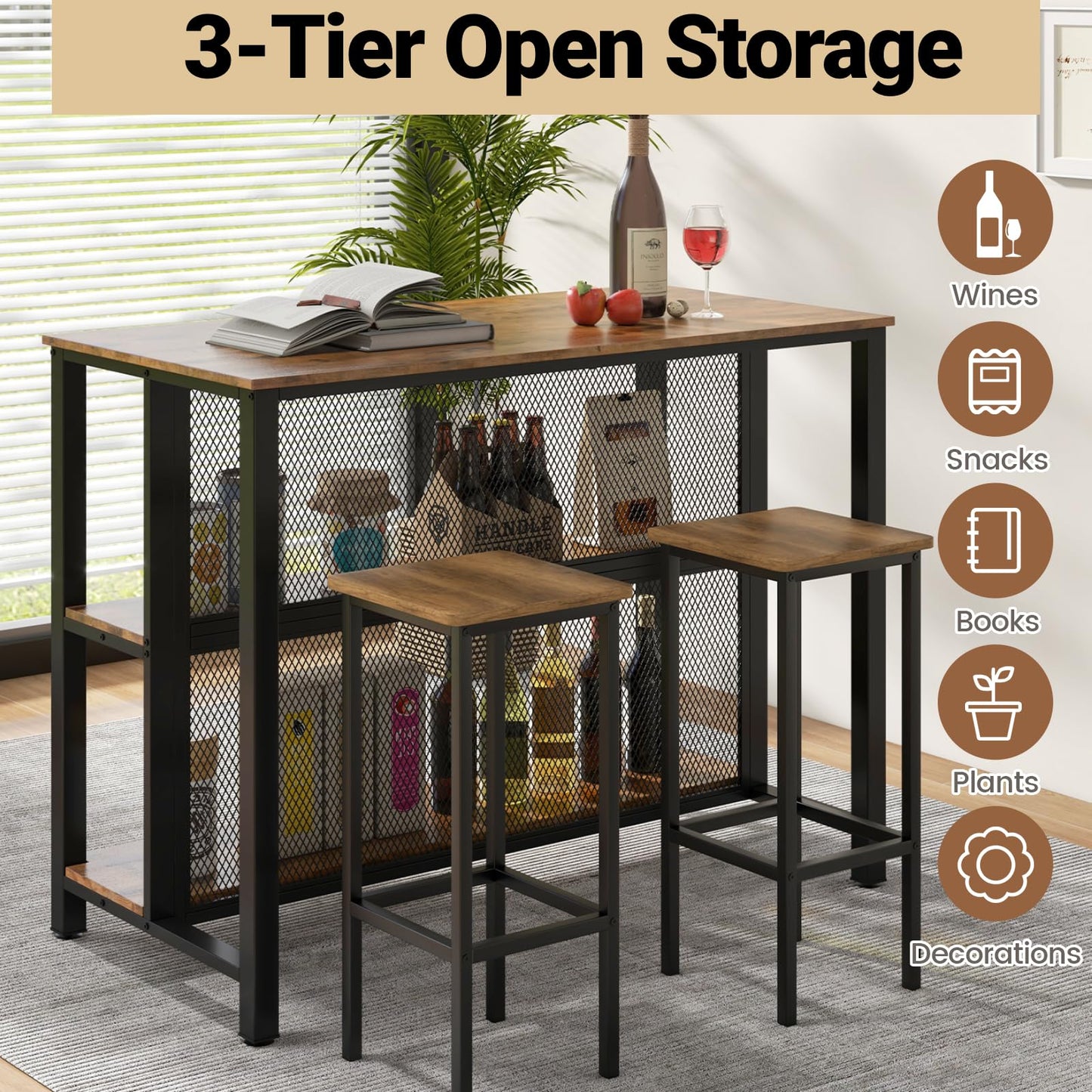 - TANGZON 3-Tier Bar Table | Metal Frame Rectangular Kitchen Table -