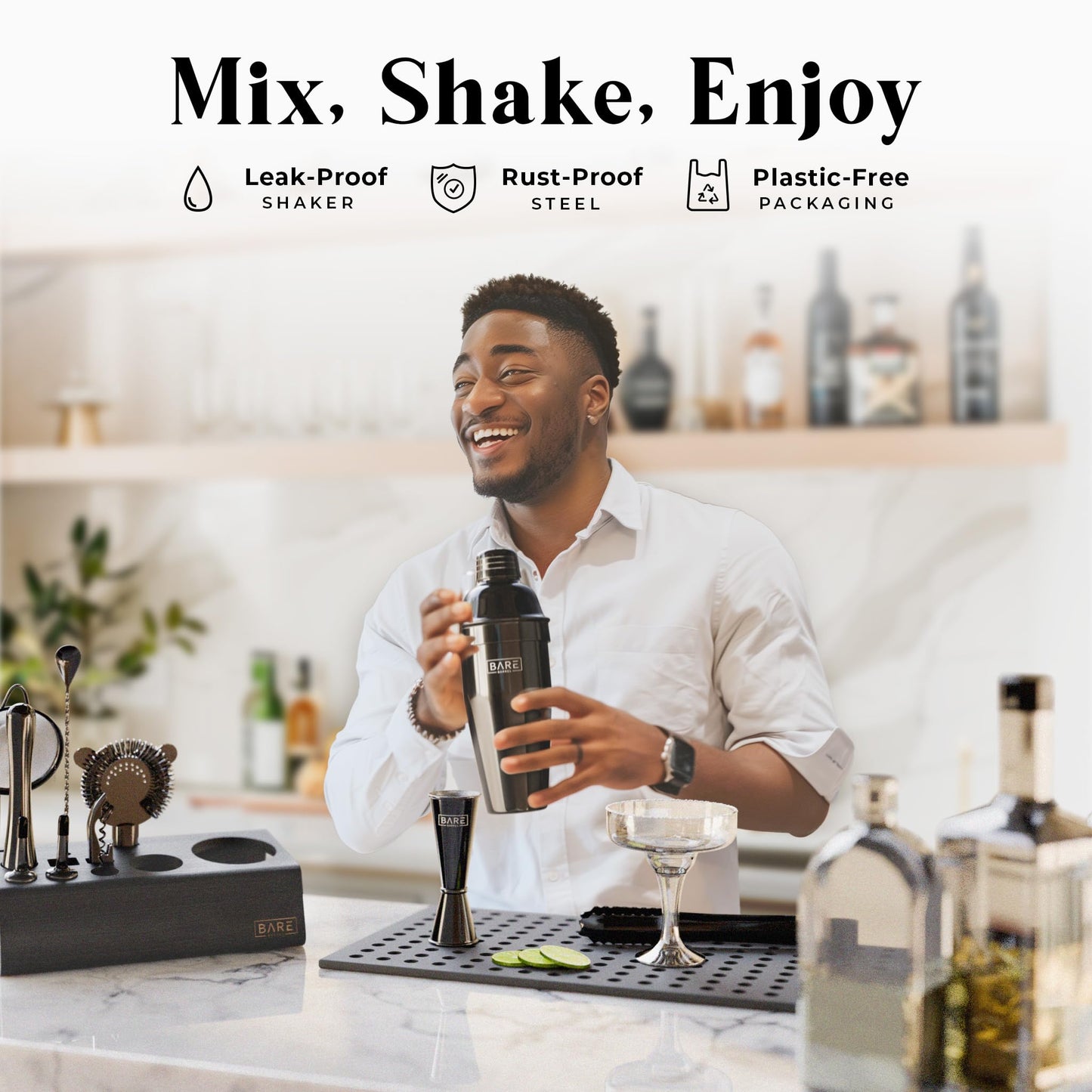 BARE BARREL® Cocktail Making Kit | 14-Piece Bartender Kit Cocktail Shaker Set Maker | Bamboo Display Stand & 35 Recipe Cards | Mixology Cocktail Gift Set (675ml/24oz Cobbler Shaker, Jet Black)
