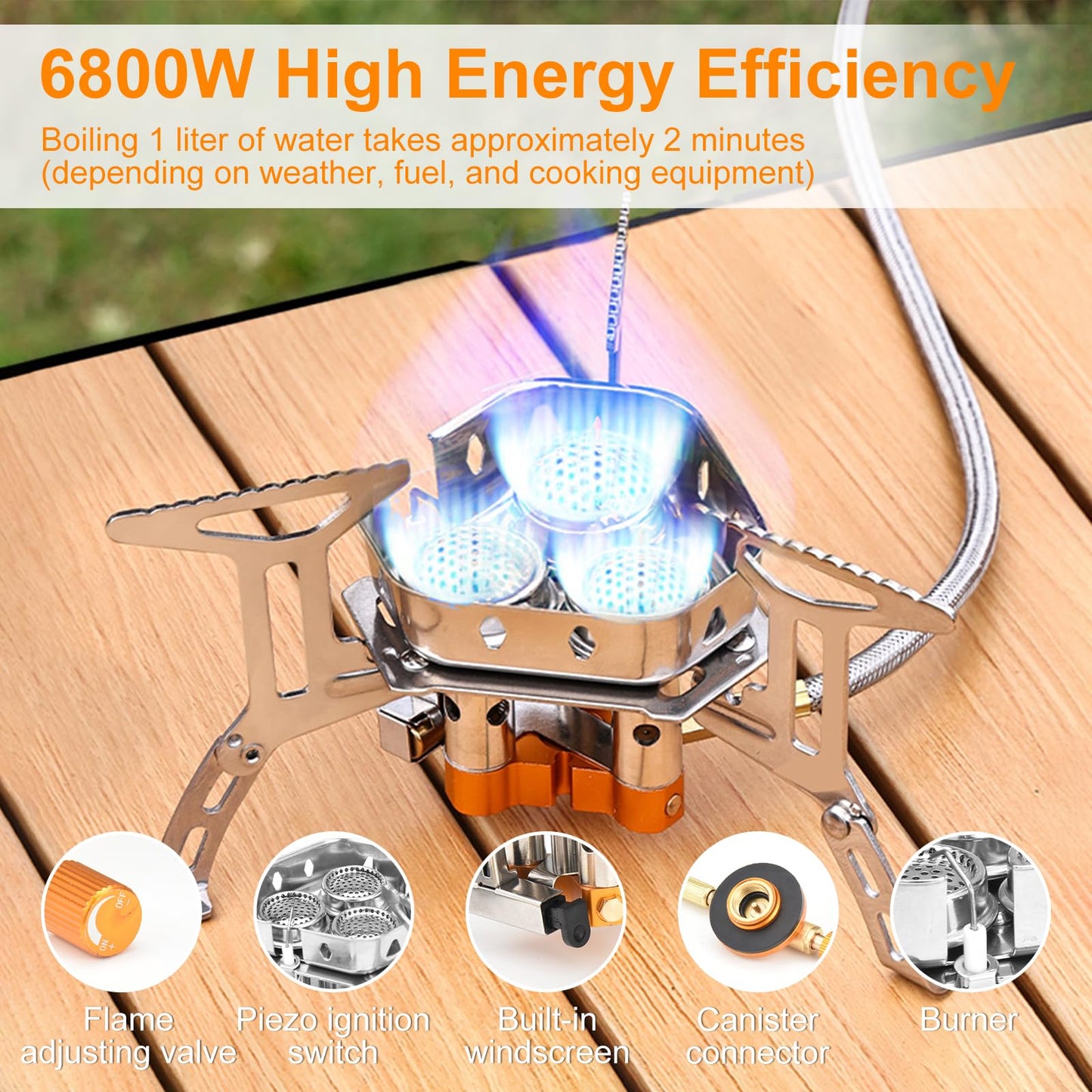 Camping Gas Stove, Portable Camping Stove Outdoor, 6800W Windproof Backpacking Gas Stove with Piezo Ignition, Foldable Camping Gas Burner for BBQ, Hiking, Camping, Trekking, Fishing, Picnic