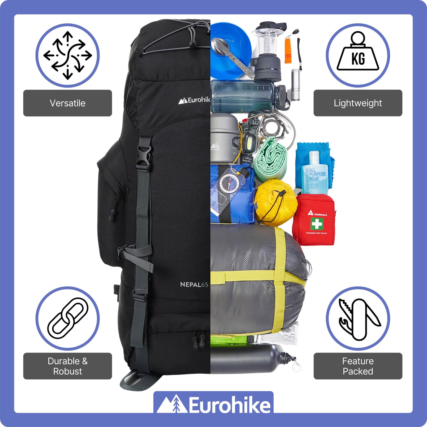 - Eurohike Nepal 65 Litre Rucksack | Ventilated Back Panel |  Padded Harness | 65L Backpack -